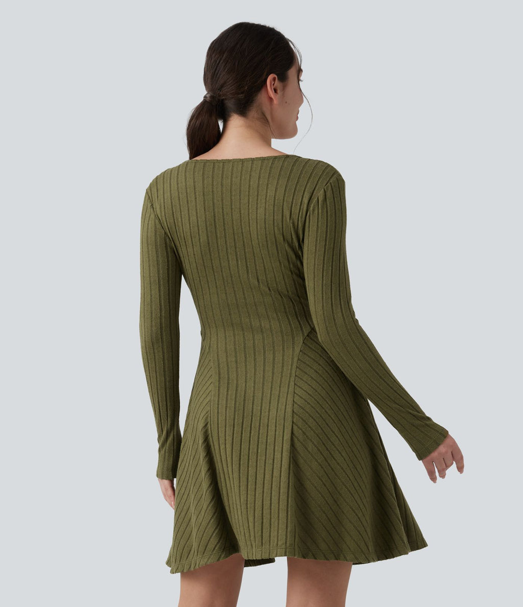Robe décontractée mini évasée maille côtelée col V manches longues