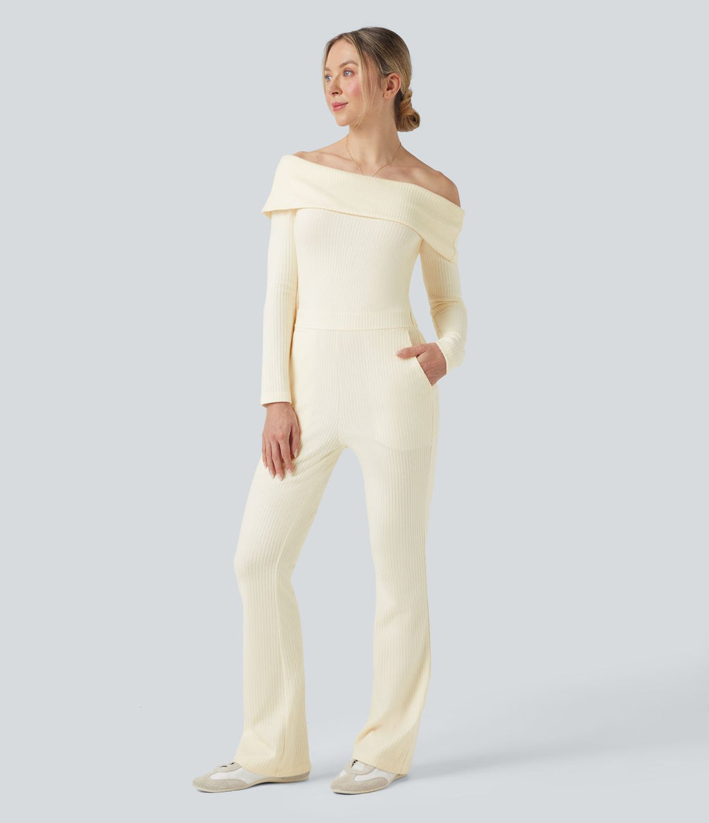 Combinaison décontractée évasée maille côtelée épaules dénudées ceinture rabattable manches longues avec poches - Édition Easy Peasy