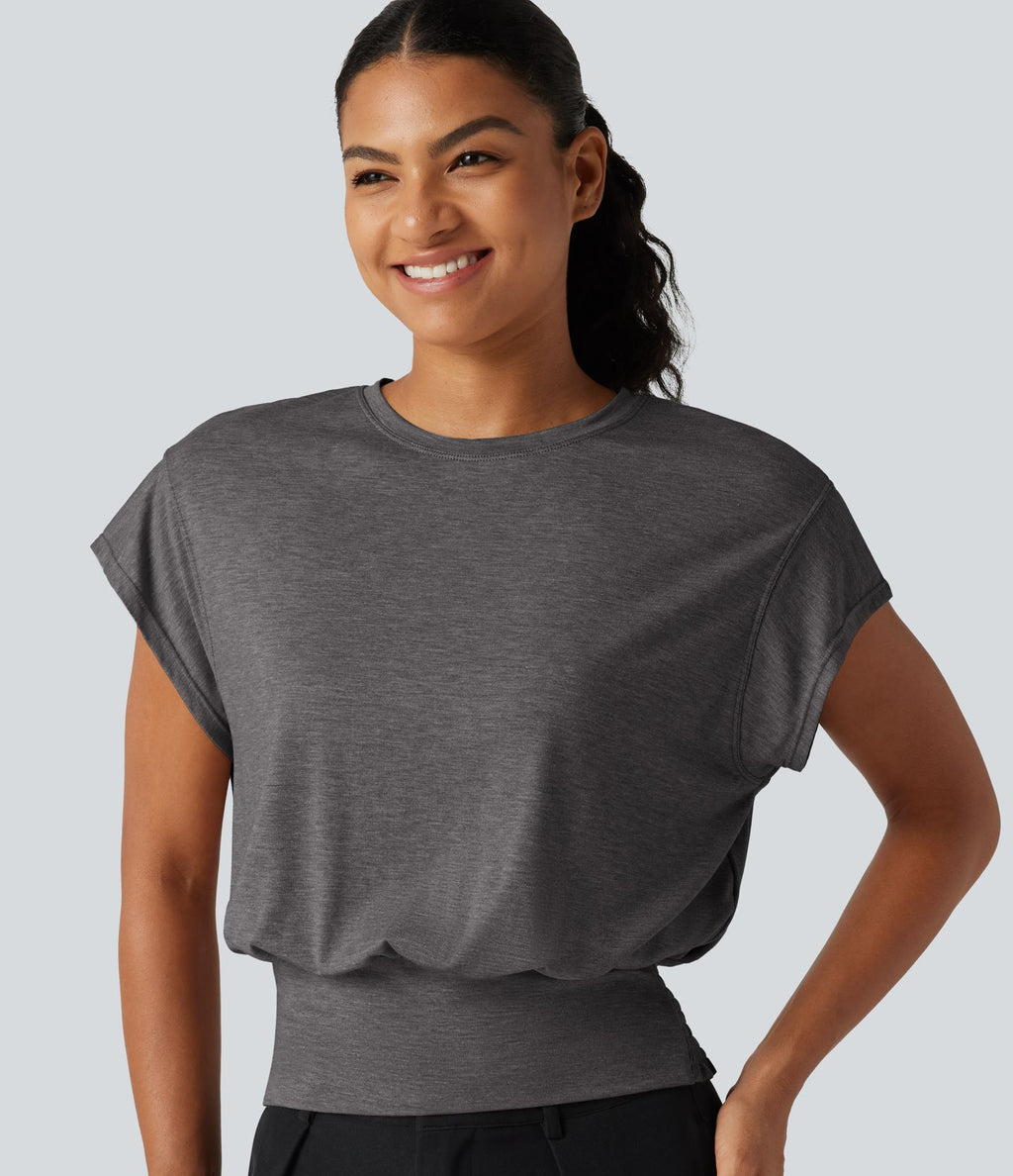 T-shirt froncé à encolure arrondie et manches courtes