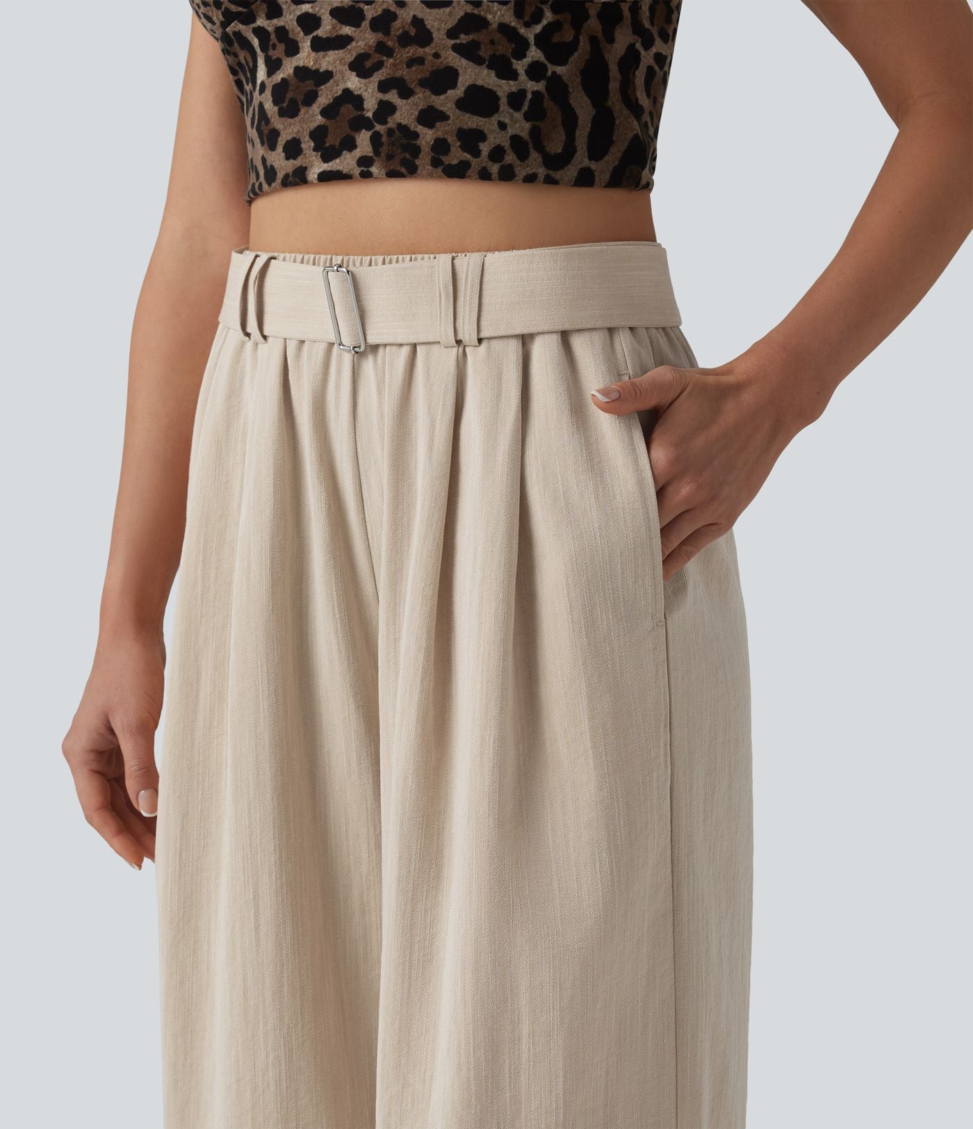 Pantalon large court casual taille haute avec ceinture aspect lin et poches
