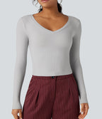 T-shirt tailleur côtelé court col V manches longues