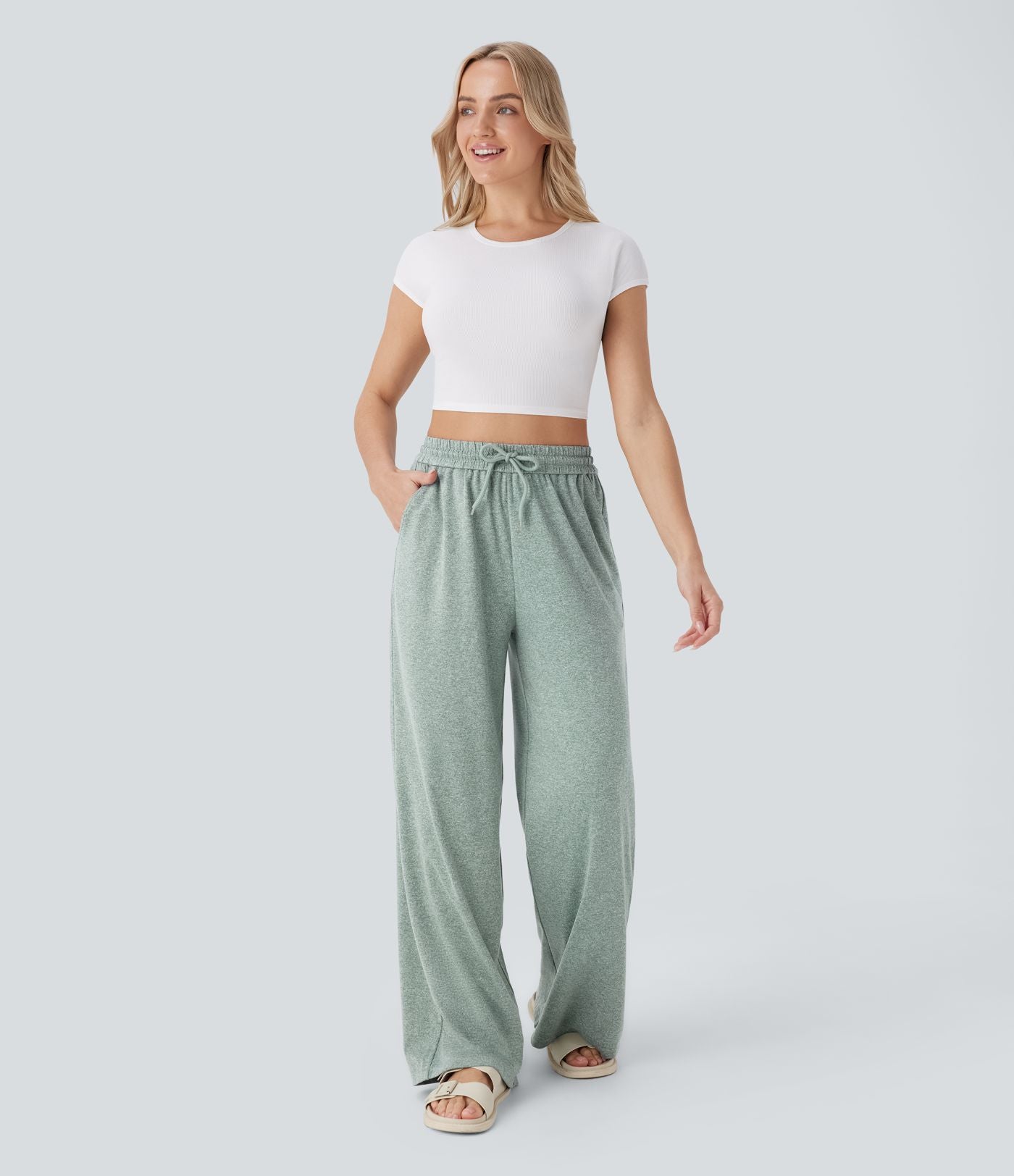 Pantalon large décontracté taille haute avec cordon de serrage et poches latérales