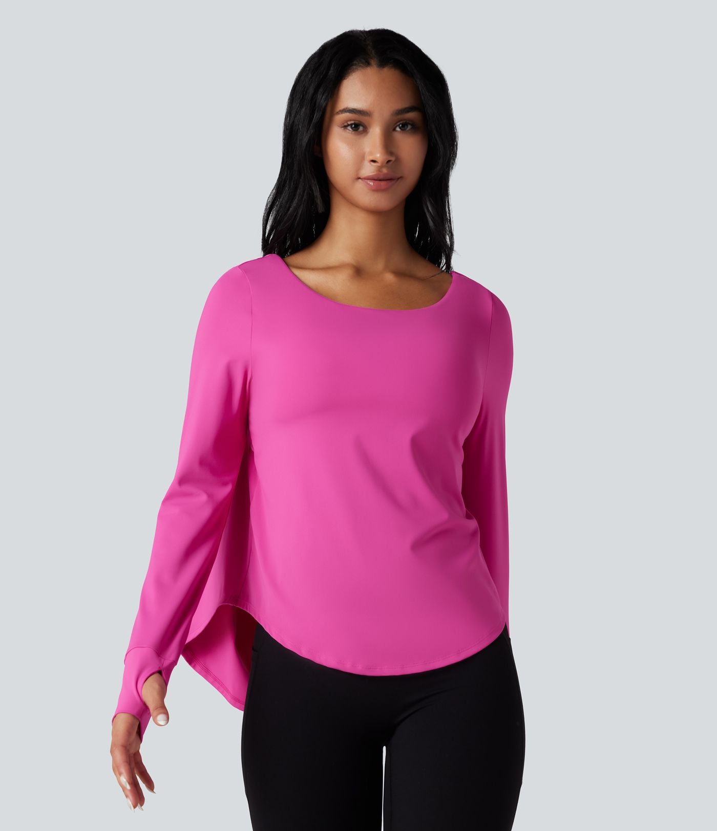 Top de sport yoga 2-en-1 SoftlyZero™ Airy dos nu croisé ourlet arrondi manches longues avec trous pouces - UPF50+
