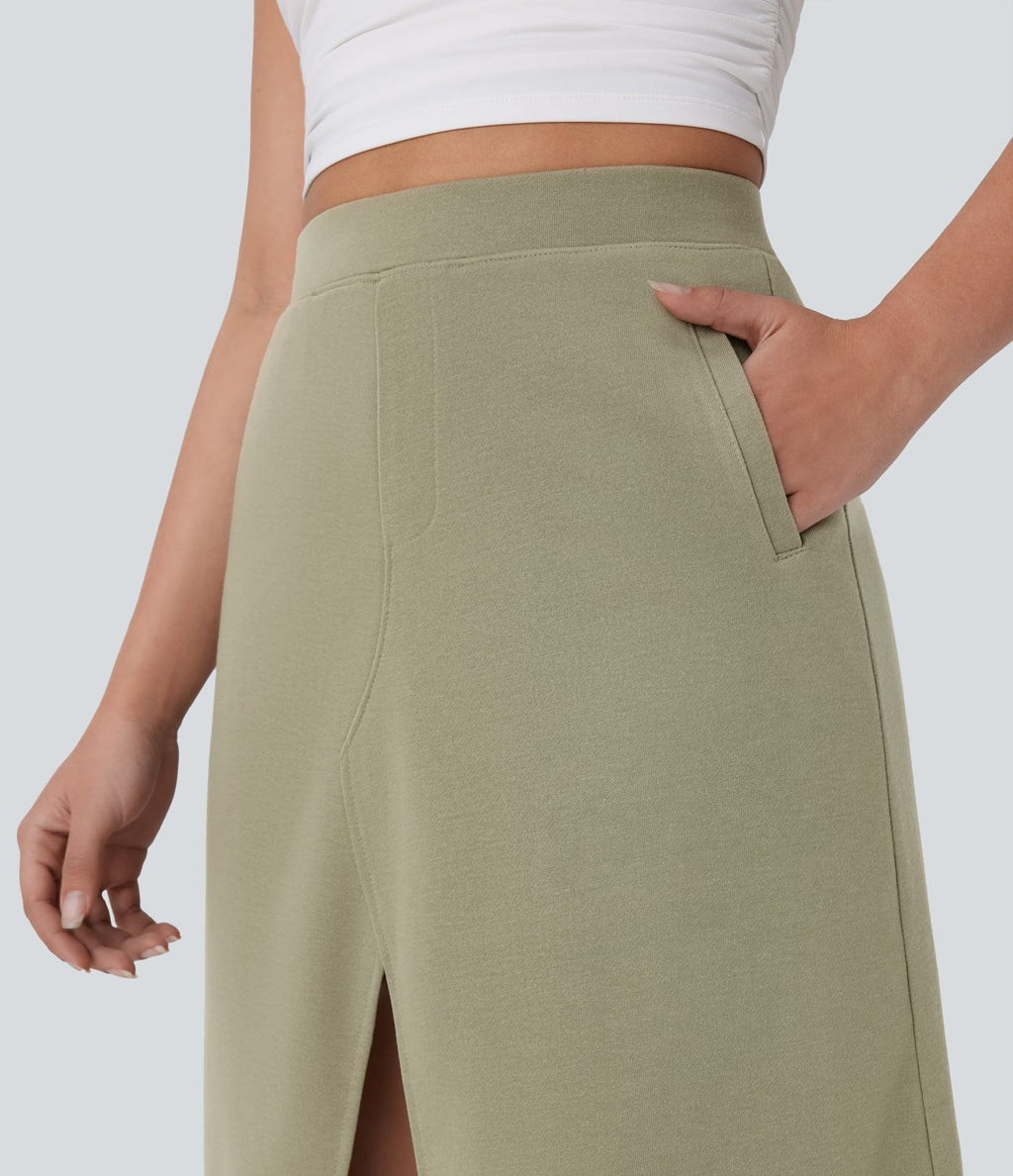 Jupe midi décontractée taille haute fendue avec poches latérales