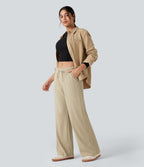 Pantalon large côtelé taille basse pliable avec cordon de serrage et poches