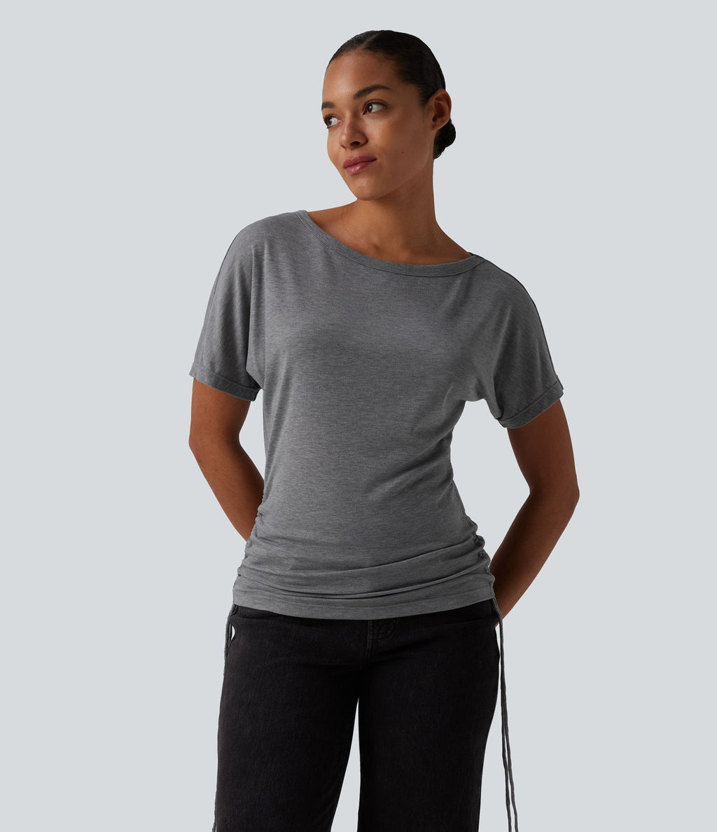 T-shirt décontracté asymétrique manches courtes avec cordon de serrage mélange laine