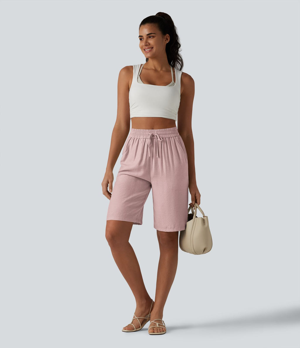 Short décontracté taille haute en lin mélangé avec cordon de serrage et poches, 25 cm