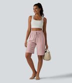 Short décontracté taille haute en lin mélangé avec cordon de serrage et poches, 25 cm