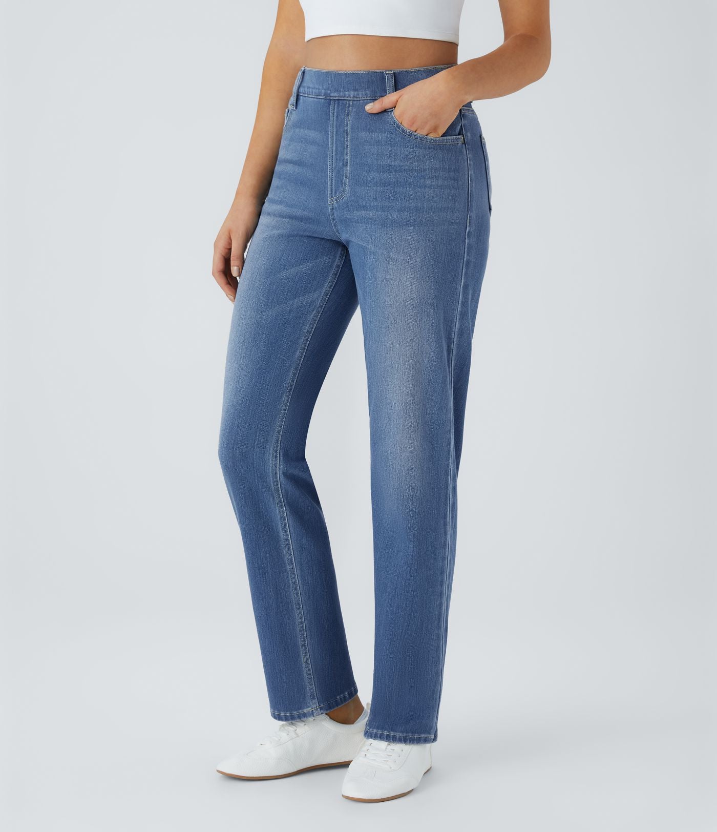 Jean droit Halara Flex™ à taille haute, poches multiples, effet délavé et tissu extensible