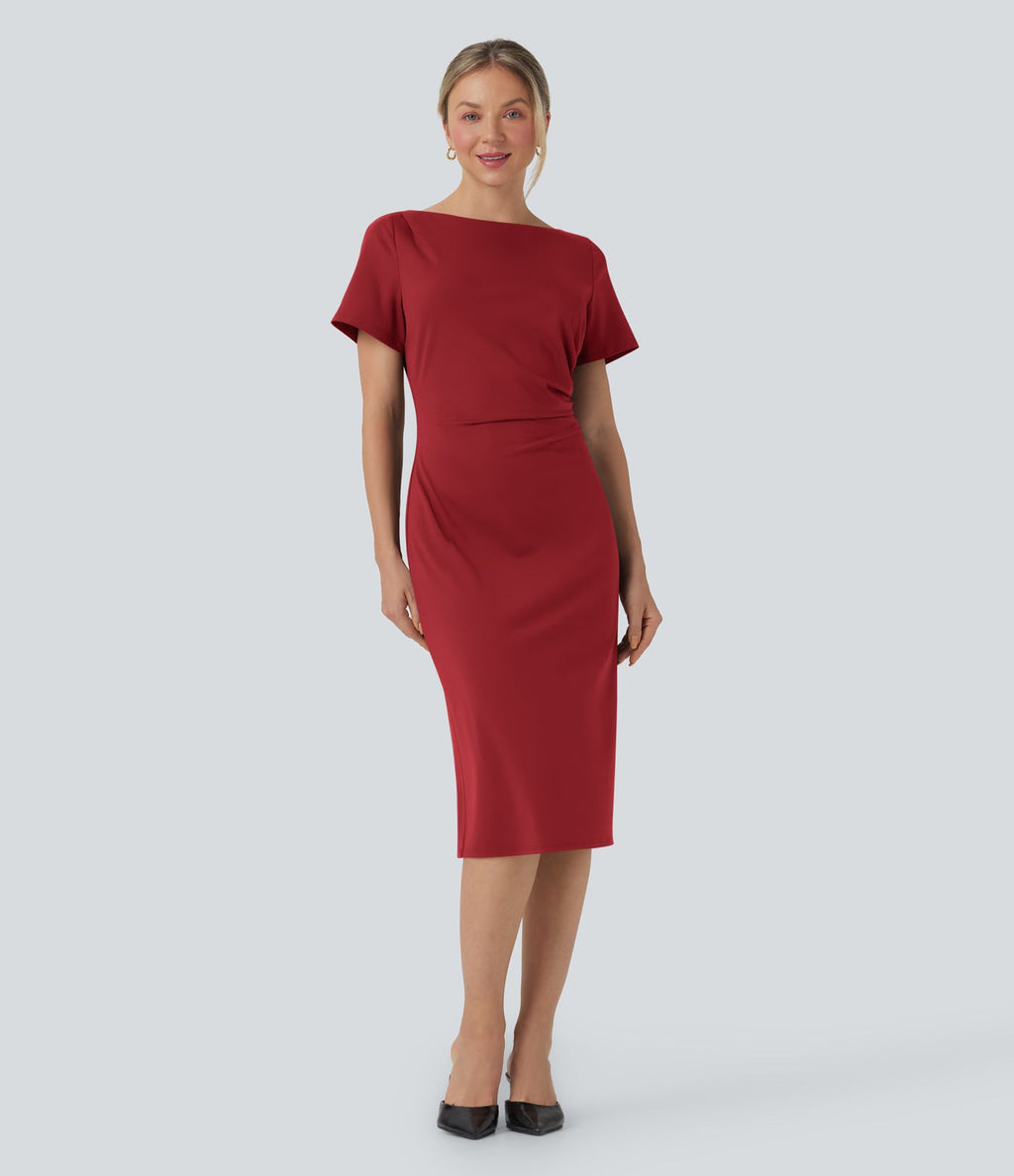 Robe tailleur mi-longue moulante manches courtes froncée