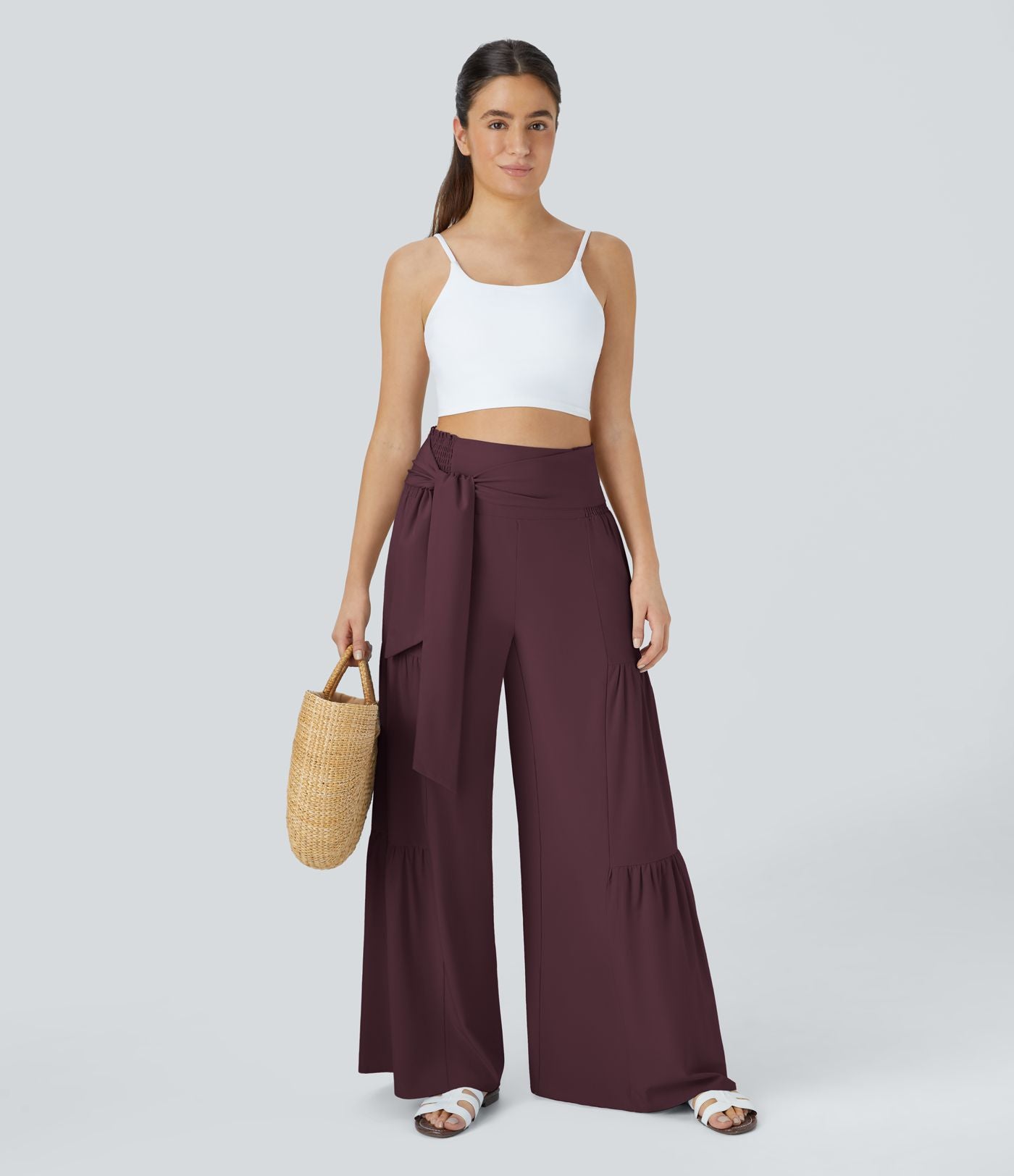 Breezeful™ Pantalon Large Casual Taille Haute Froncé à Nouer Devant et Dos Fluide Séchage Rapide