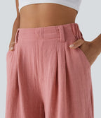 Bermuda Large Fluide Taille Haute avec Plis et Poches Latérales en Lin Synthétique