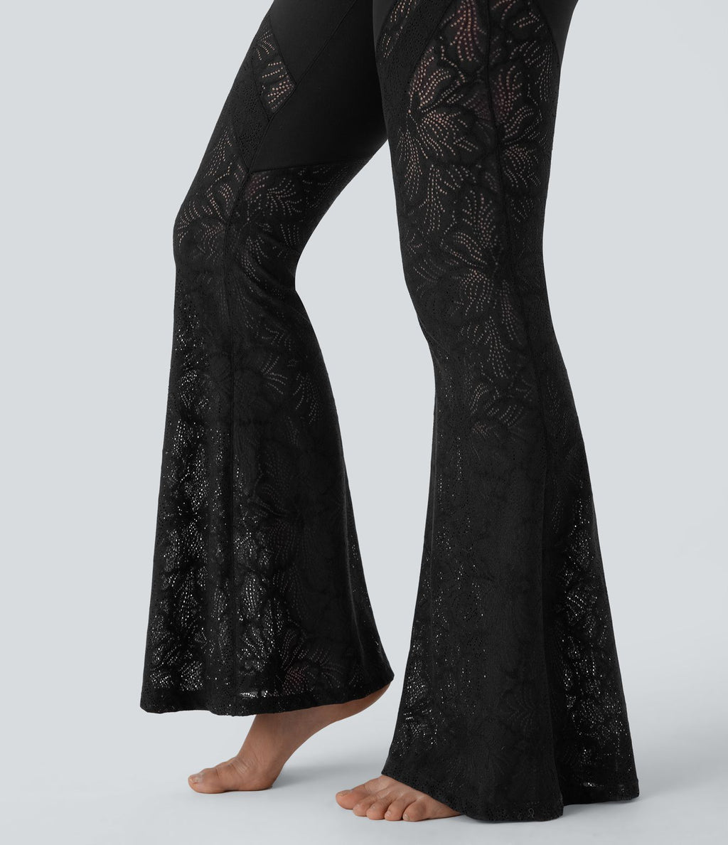 Pantalon de yoga évasé à taille haute croisée, poche arrière et dentelle
