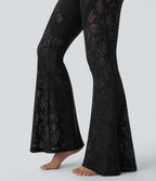 Pantalon de yoga évasé à taille haute croisée, poche arrière et dentelle