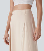 Jupe longue évasée à taille haute avec fermeture éclair invisible, aspect lin