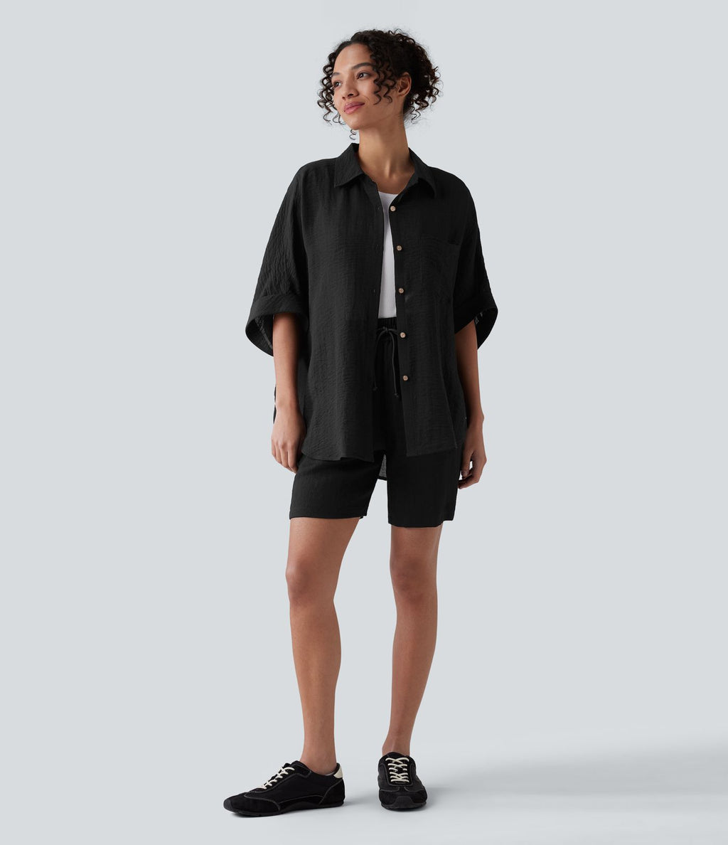 Chemise décontractée effet lin à manches mi-longues avec poche