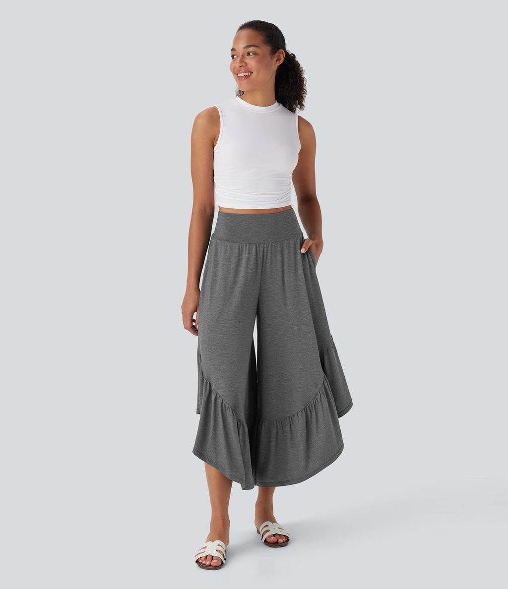 Pantalon décontracté super évasé taille haute avec ourlet à volants et poches