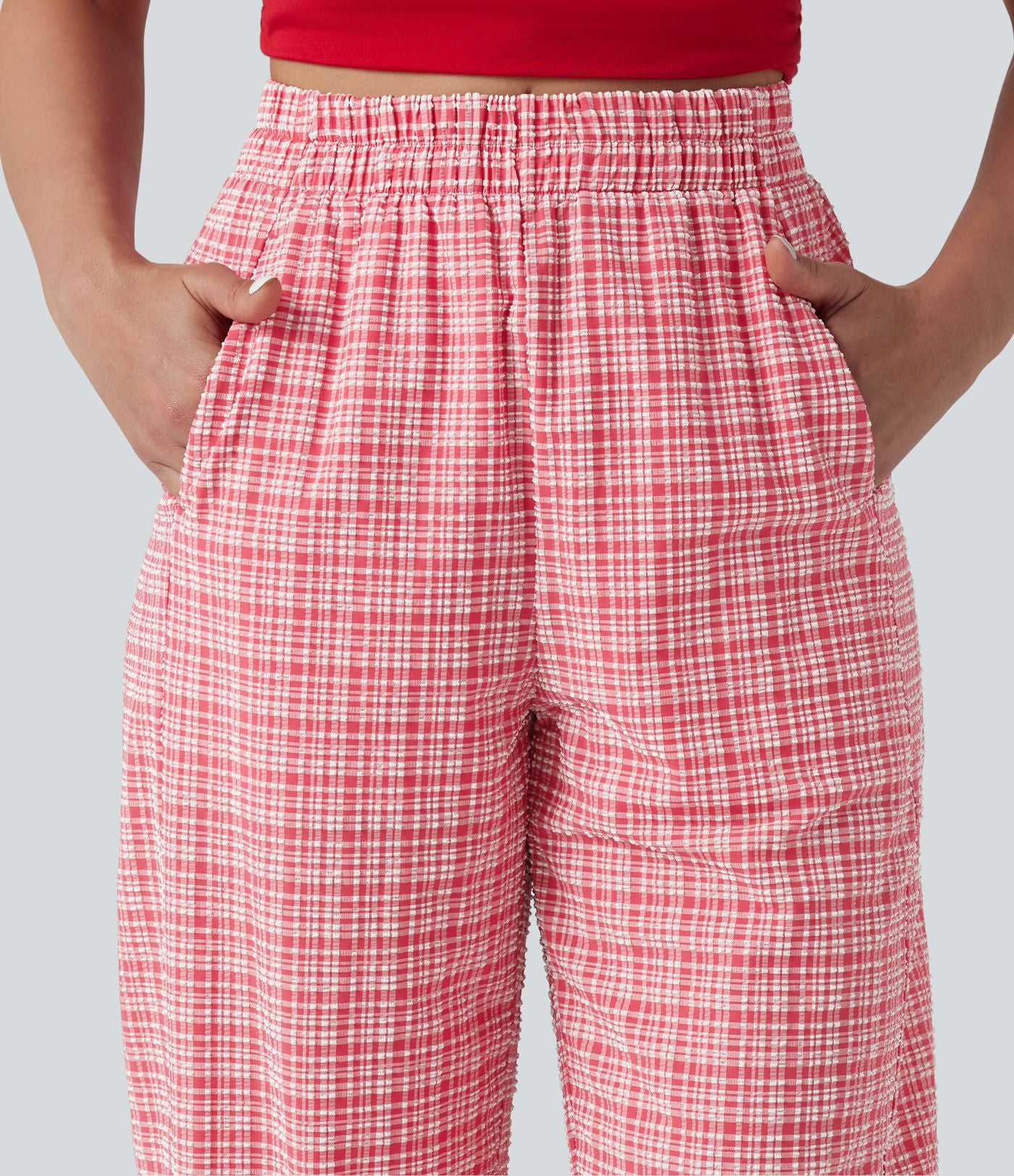 Pantalon décontracté à carreaux froissés taille haute avec poches