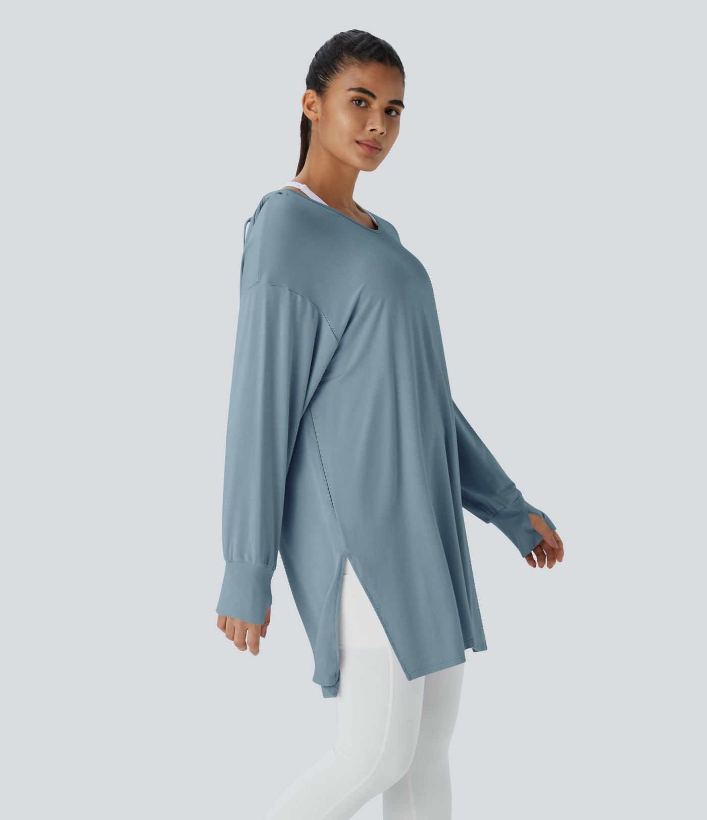 Sweatshirt Casual à Capuche Encolure en V Cordon de Serrage Trou pour le Pouce Fente et Coupe Longue