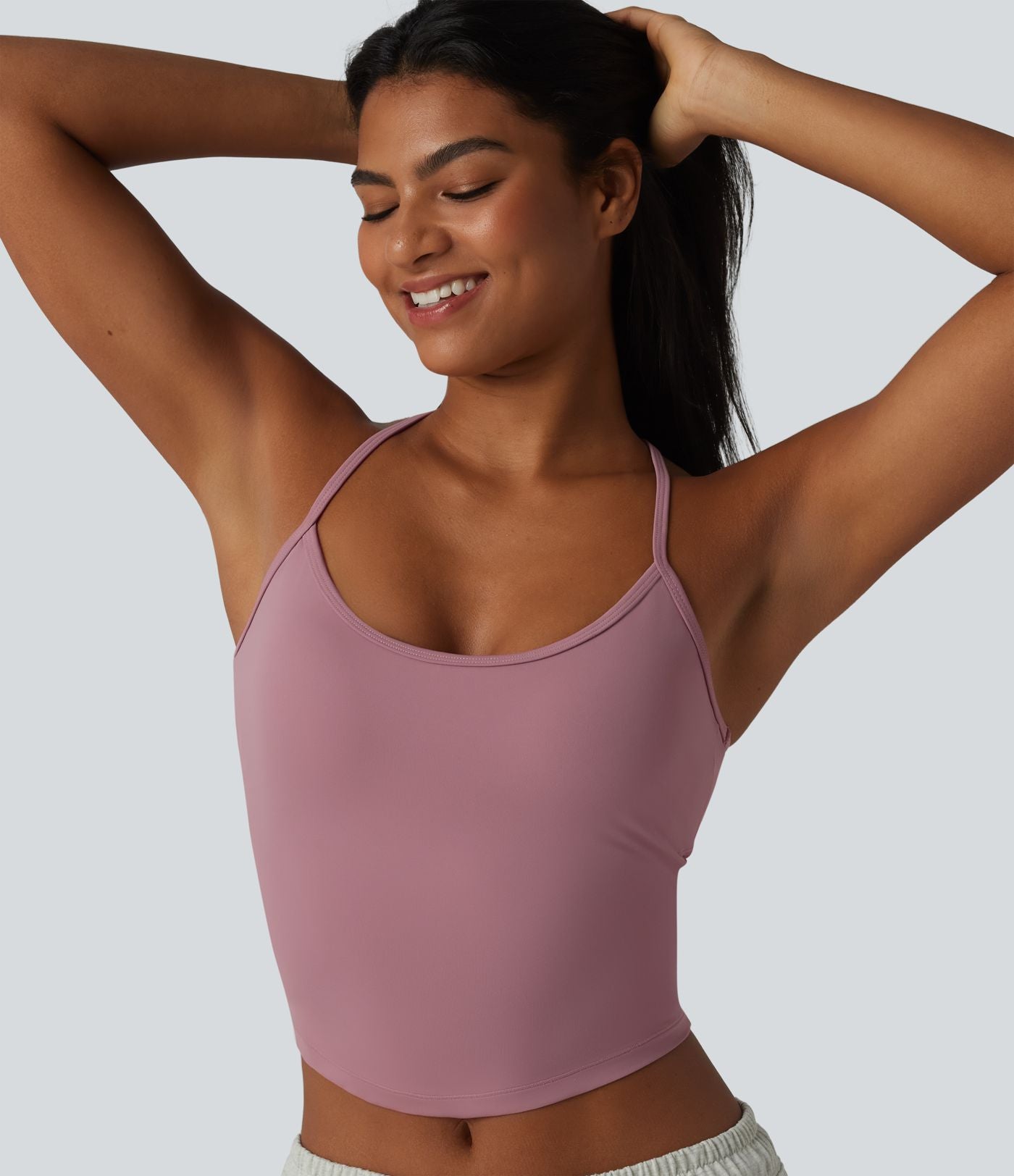 Débardeur décontracté col U dos en Y à effet frais InstantCool, ourlet arrondi et brassière intégrée à séchage rapide, protection solaire UPF50+