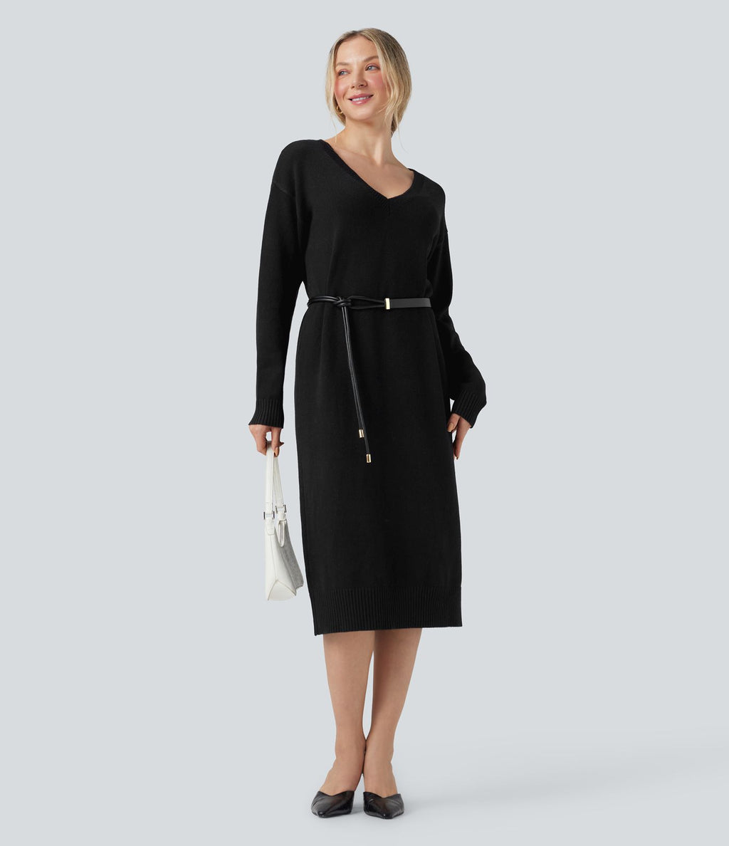 Robe pull laine mélangée col V manches longues mi-longue - réversible devant et dos