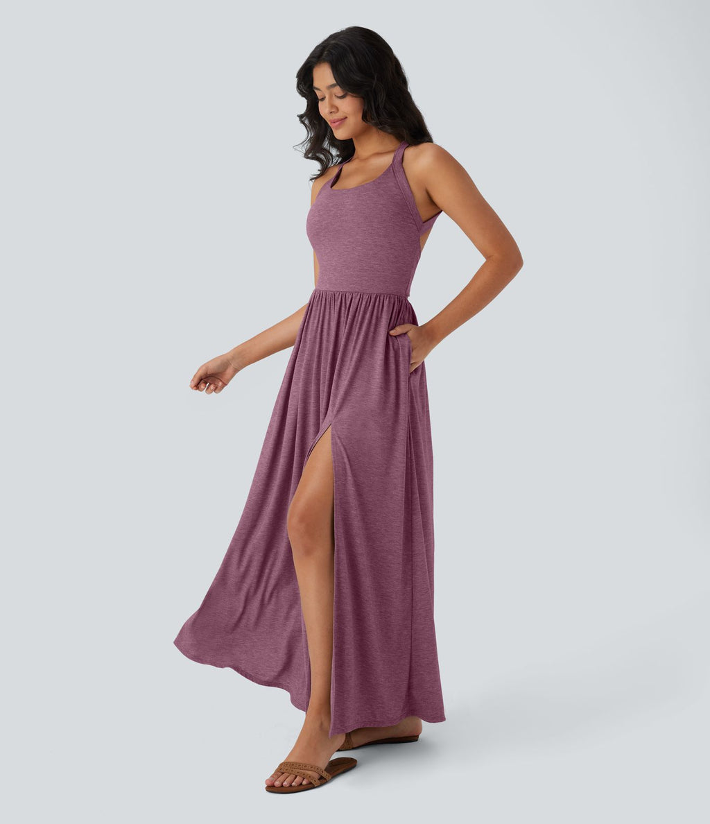 Robe longue fluide fendue avec poches latérales, dos nu et effet torsadé