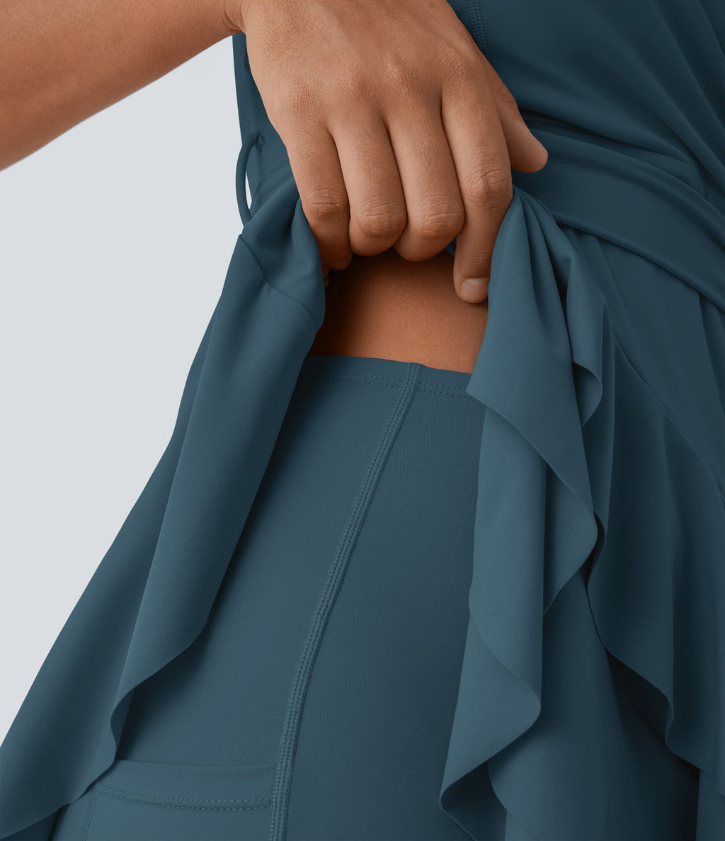 Robe décontractée mini 2-pièces col V liens latéraux volant fluide avec poche A-D