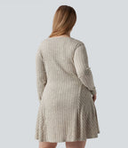 Robe mini évasée grande taille col V en maille côtelée à manches longues