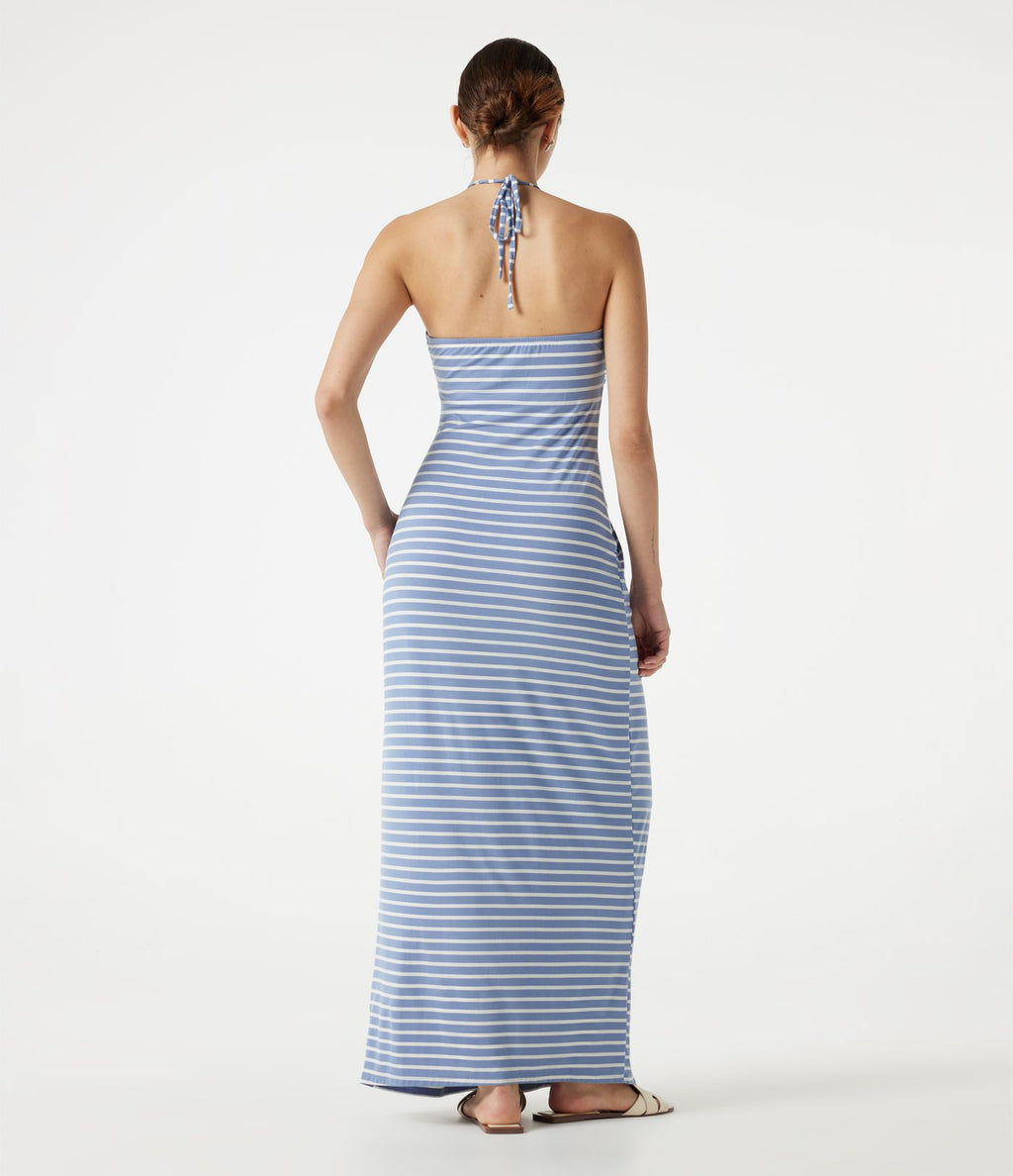 Robe maxi de plage à rayures col halter avec brassière intégrée, lien noué au dos et poches