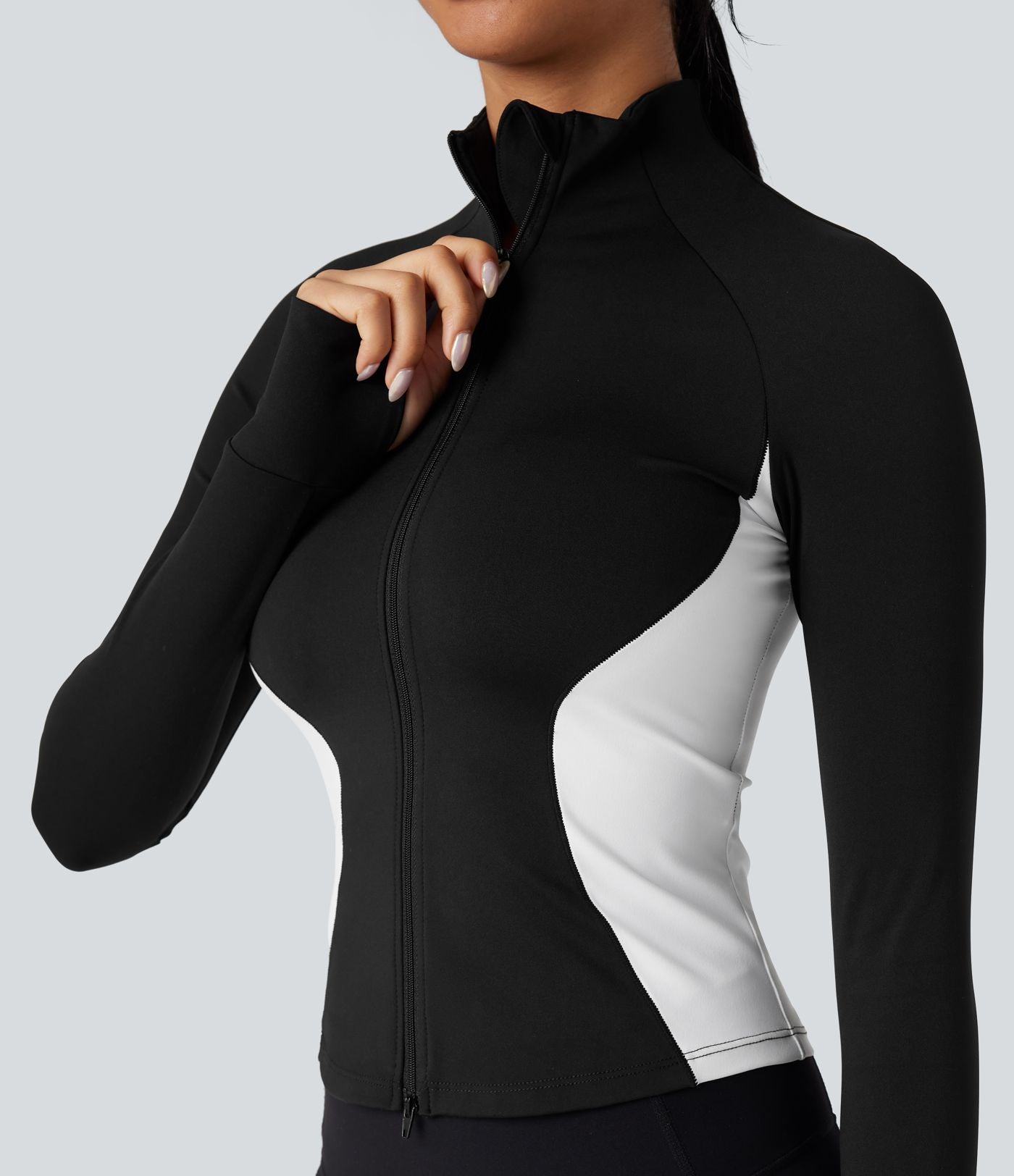 Veste yoga SoftlyZero™ Airy col montant manches longues passe-pouces color block effet frais InstantCool, protection solaire UPF50+