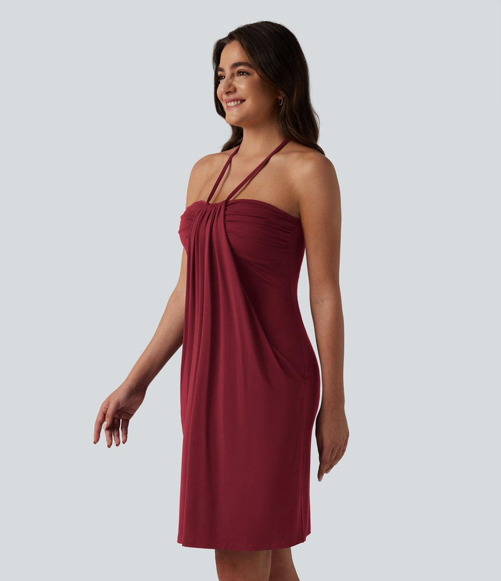 Robe mini dos nu à bretelles, brassière intégrée et poches