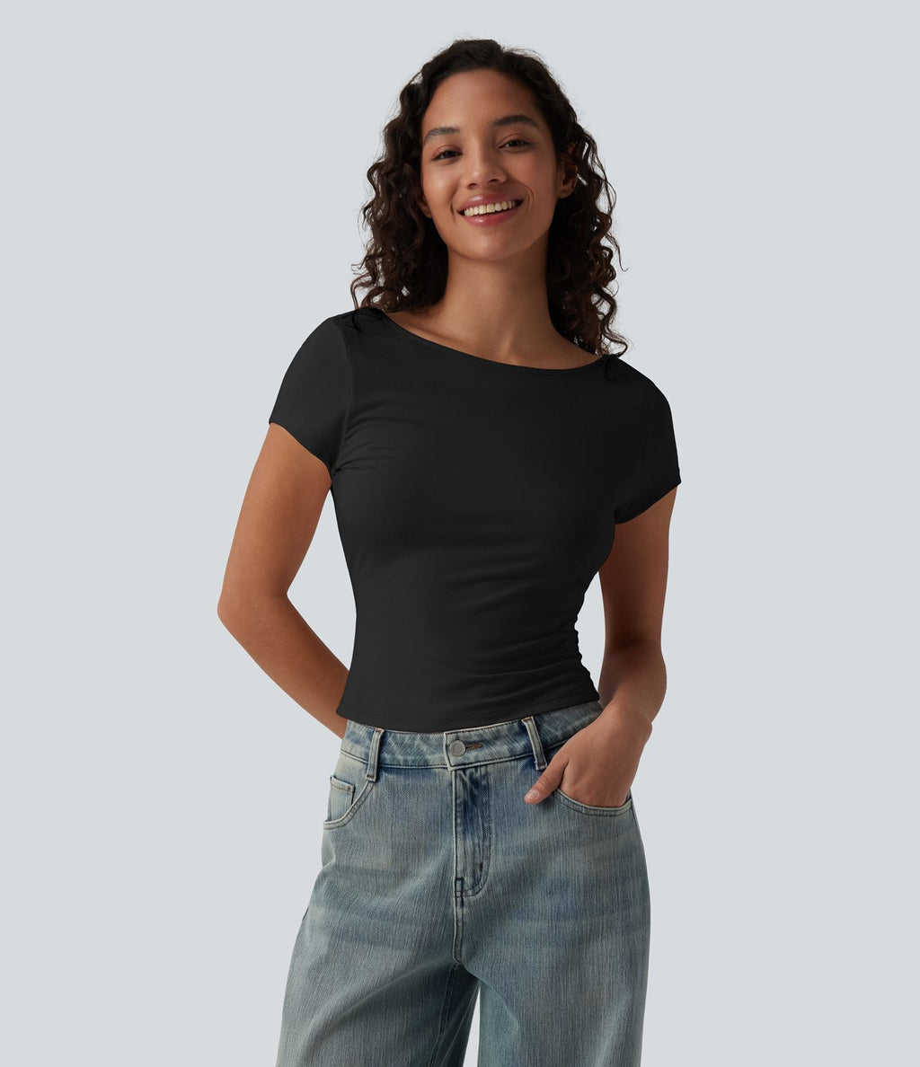 T-shirt décontracté col bateau manches courtes dos drapé