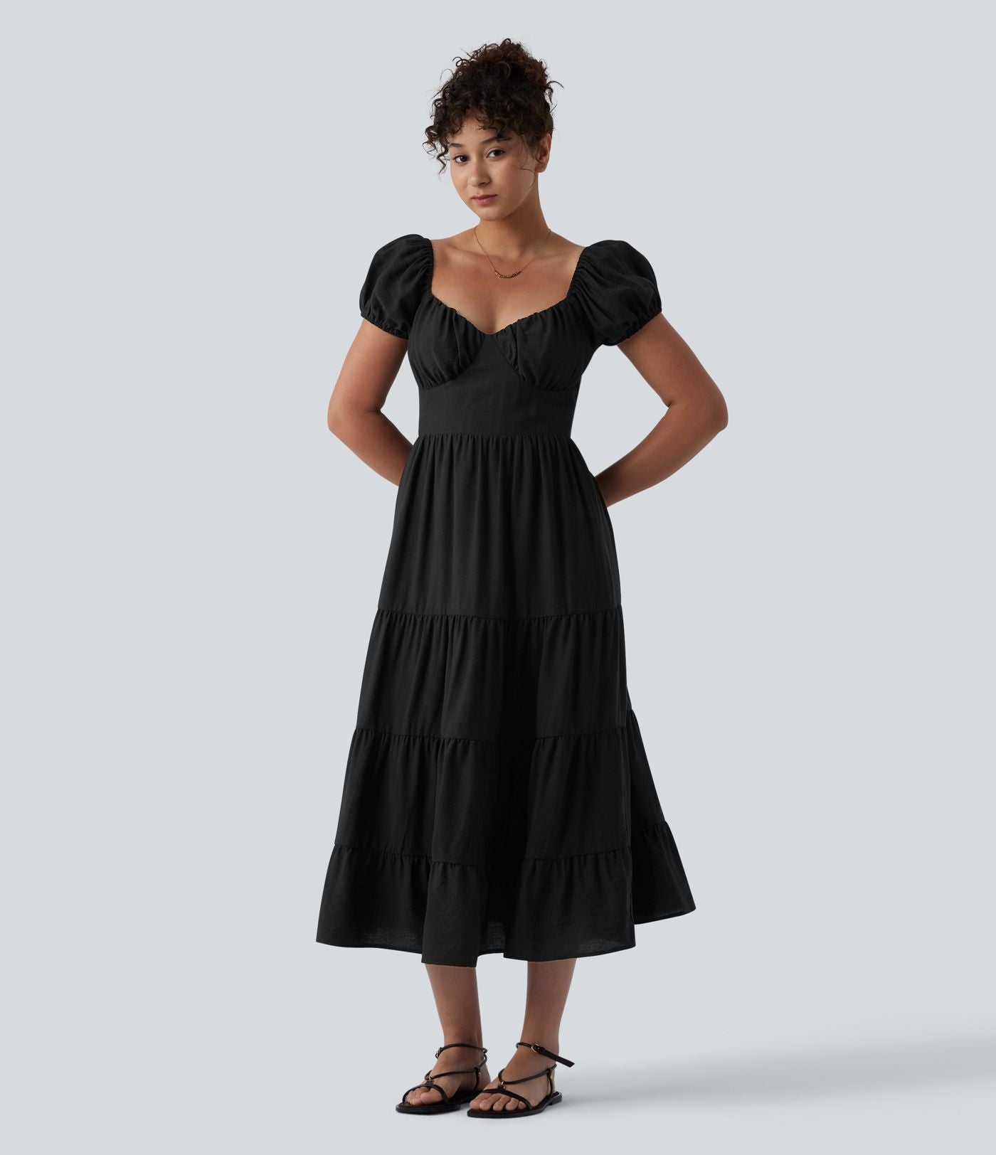 Robe midi décontractée à volants, col Queen Anne, manches bouffantes froncées et poches