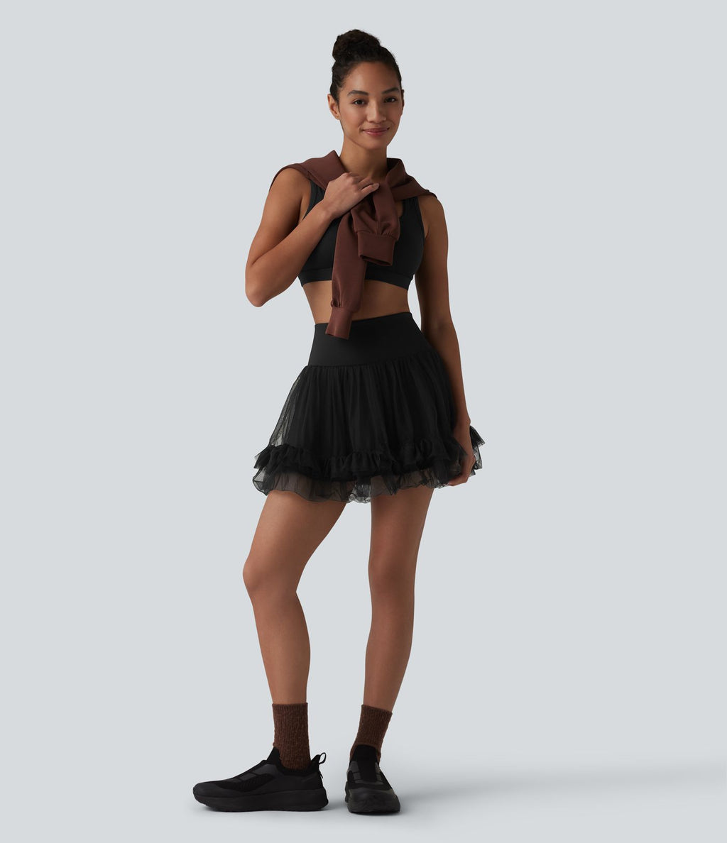 Jupe mini de sport 2 en 1 taille haute ventre plat en maille contrastée avec poches