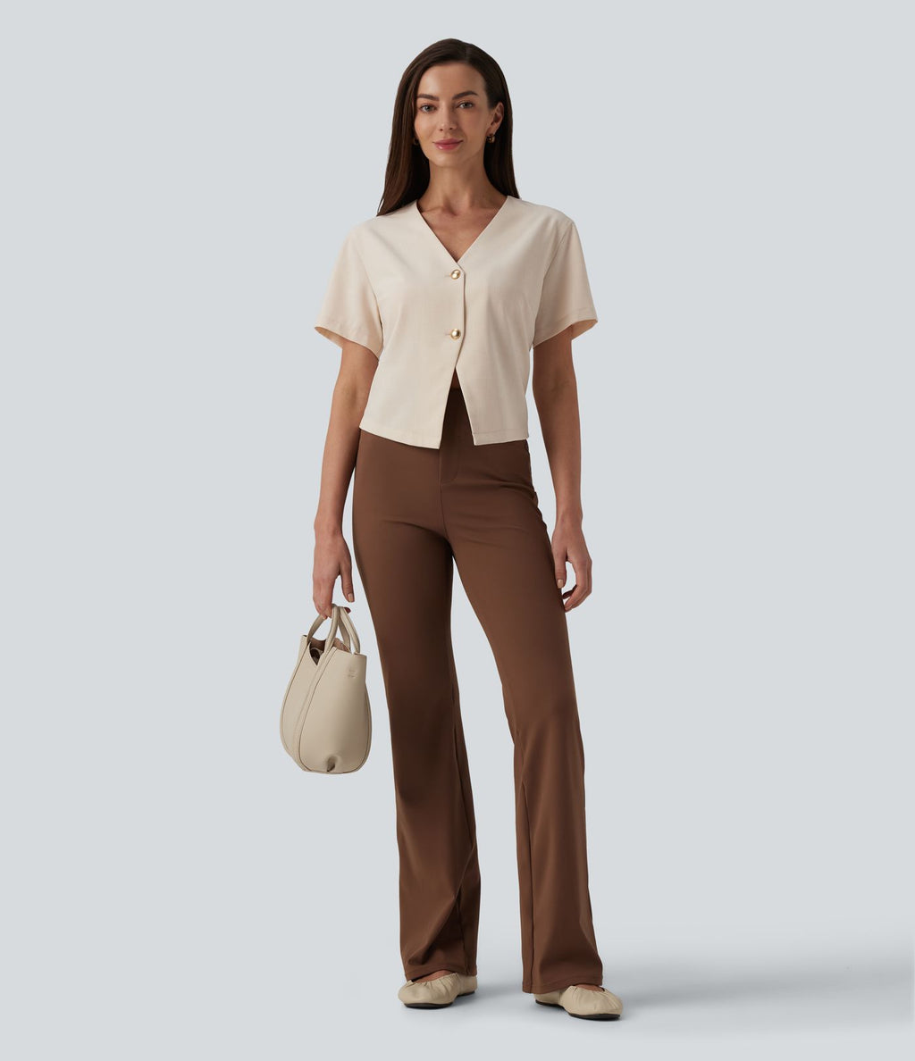 Blouse de travail col V manches courtes aspect lin