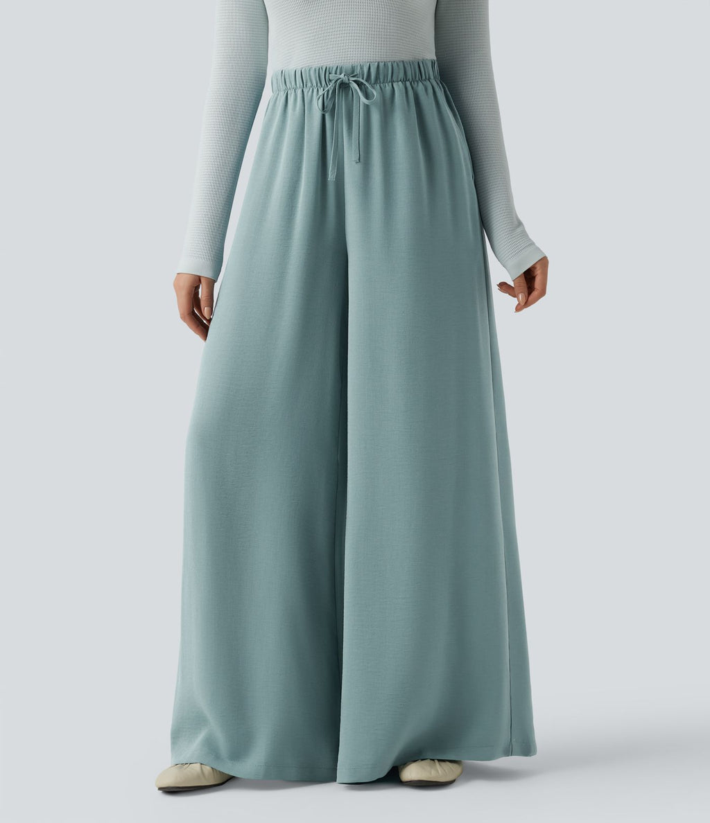 Pantalon large fluide décontracté taille haute effet lin avec cordon de serrage et poches