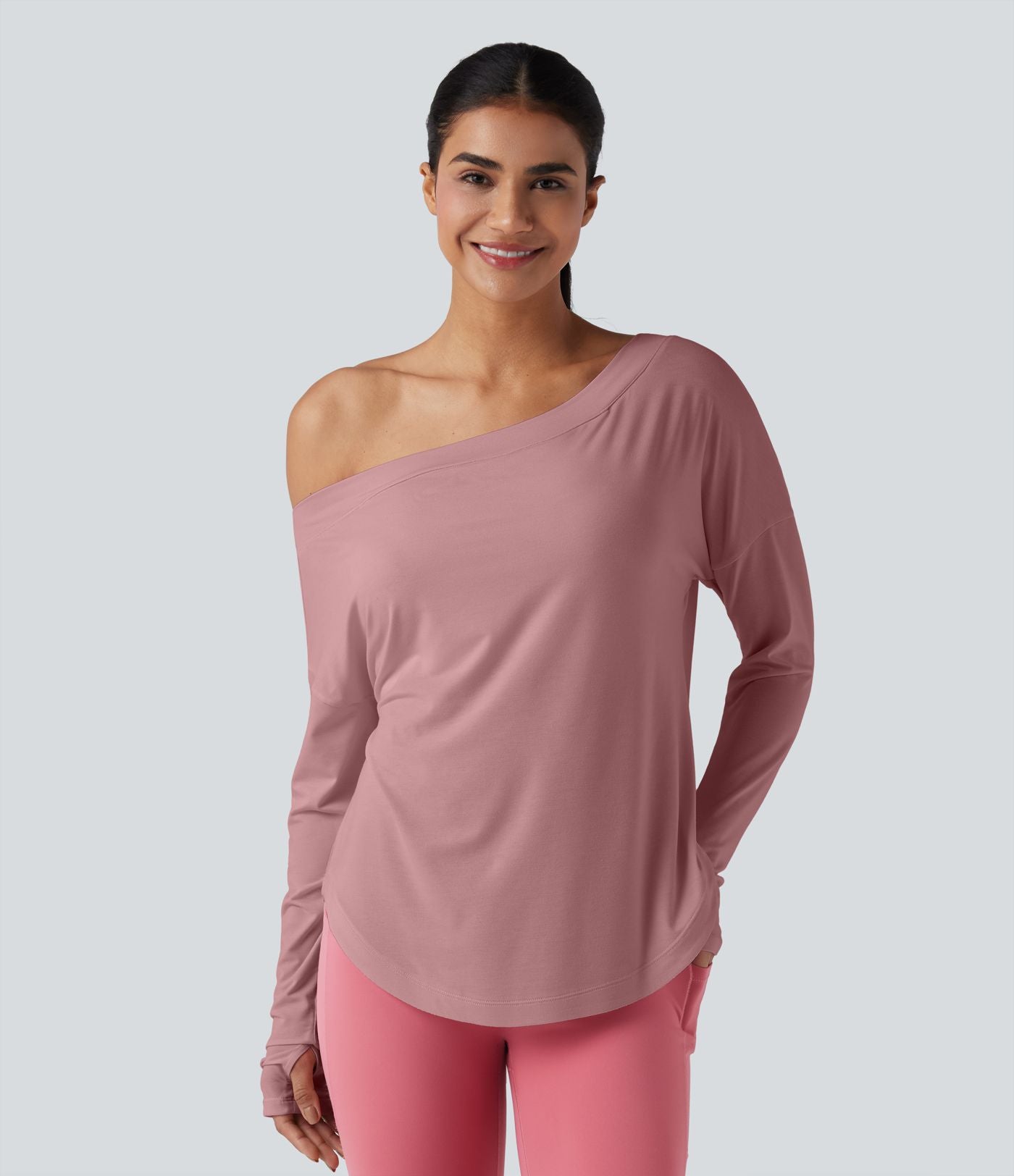 Top de sport yoga une épaule séchage rapide ourlet arrondi asymétrique manches longues avec trous pouces - Brassière intégrée