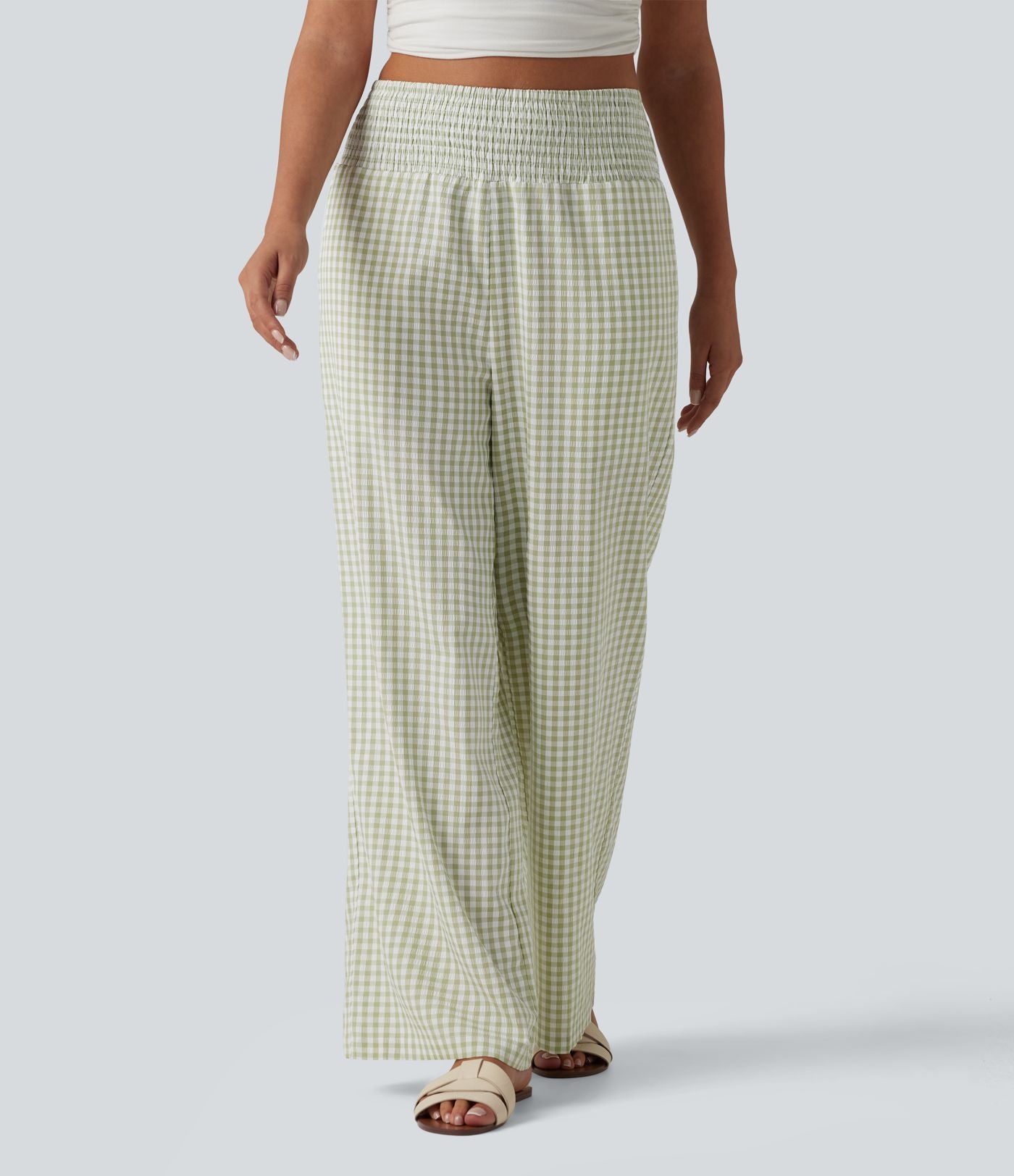Pantalon large casual taille haute froncé à carreaux vichy avec poches