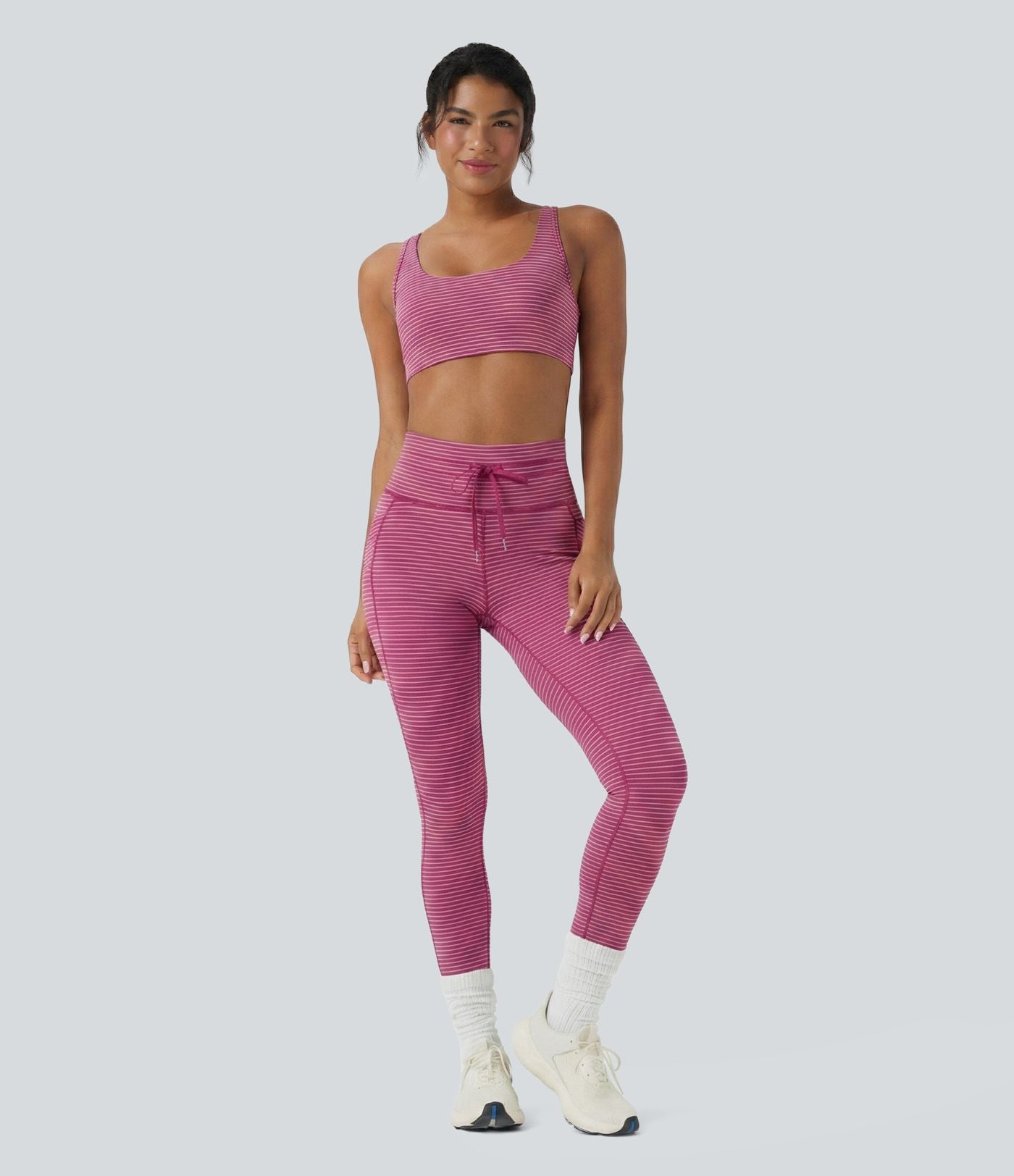 Legging de yoga rayé taille haute avec cordon de serrage et poches
