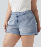Short grande taille en jean Halara Flex™ délavé taille haute asymétrique avec ourlets retroussés et poches