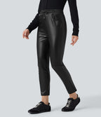 Pantalon fuselé 7/8 décontracté PU molleton extensible taille haute avec cordon et poches