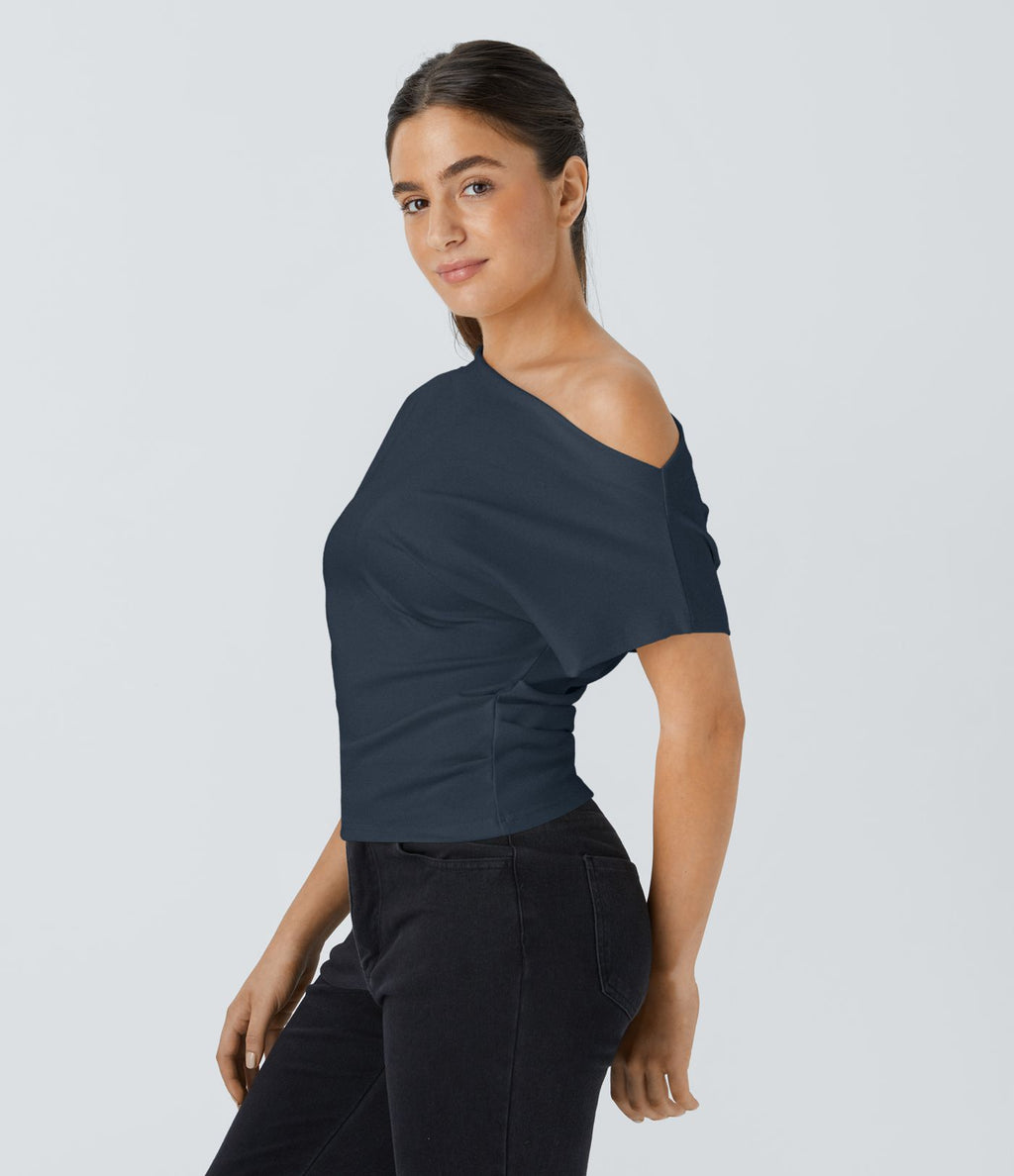 Top Casual Épaules Dénudées Manches Courtes Ruchées