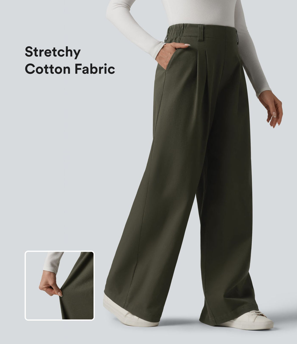 Pantalon chino de travail ample taille haute en coton avec poches