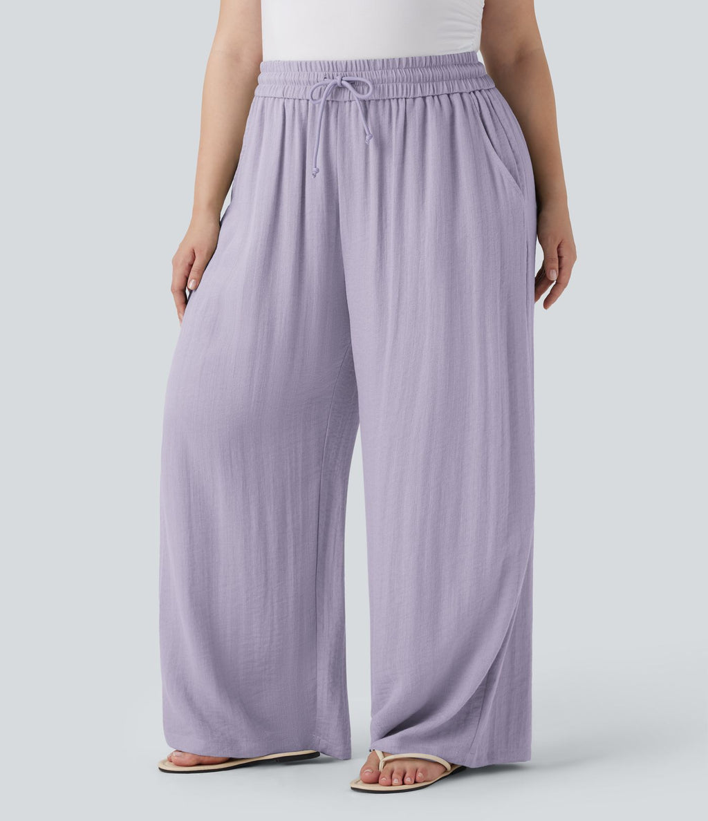 Pantalon décontracté grande taille large fluide taille haute effet lin avec cordon de serrage et poches