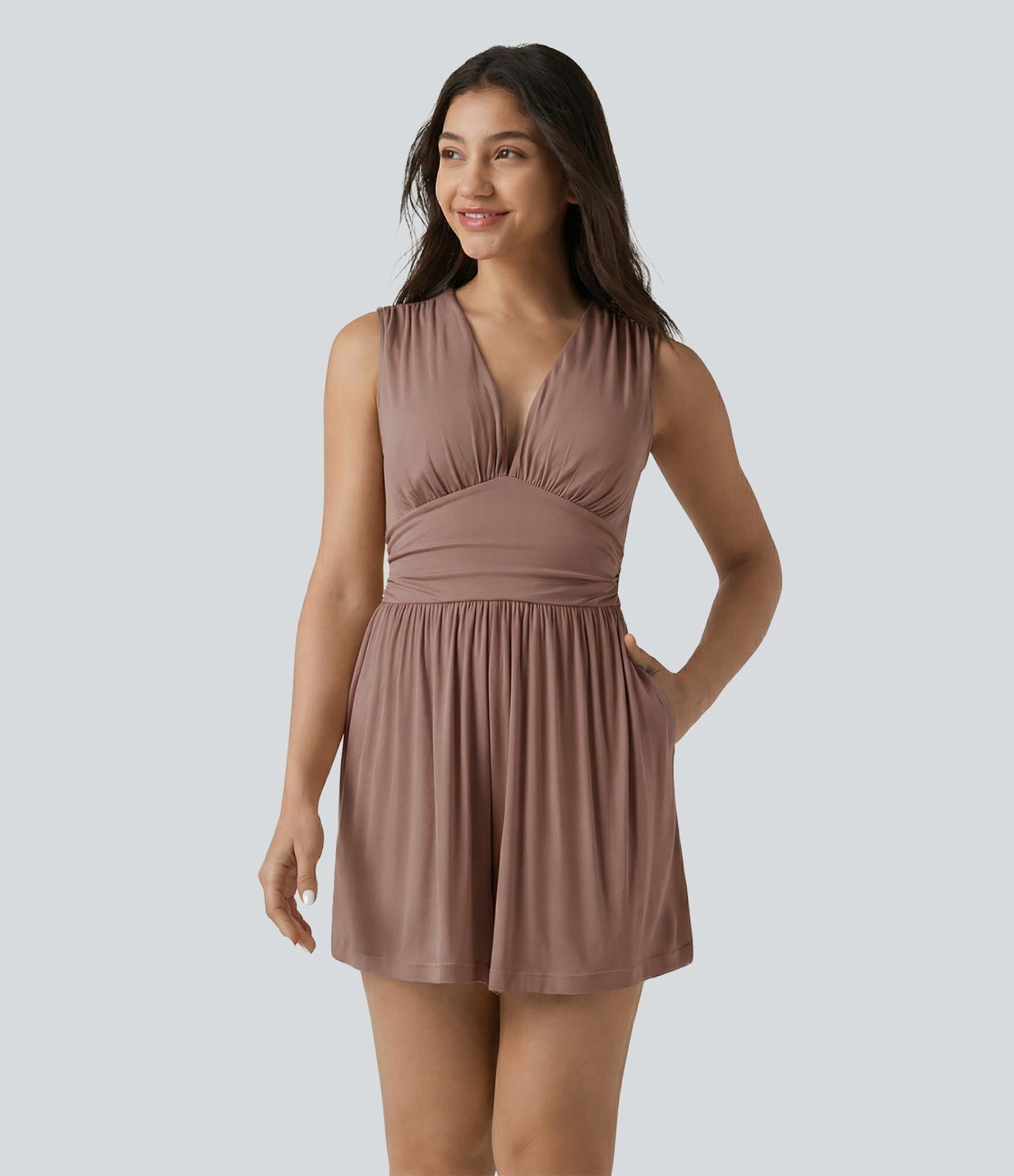 Combishort casual côtelé sans manches col V, fronces et soutien-gorge intégré, avec poches – Easy Peasy
