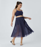 Jupe Taille Haute 2 En 1 En Maille Contrastée Avec Cordon De Serrage Et Poche Latérale Fluide Evasée Casual Grande Taille