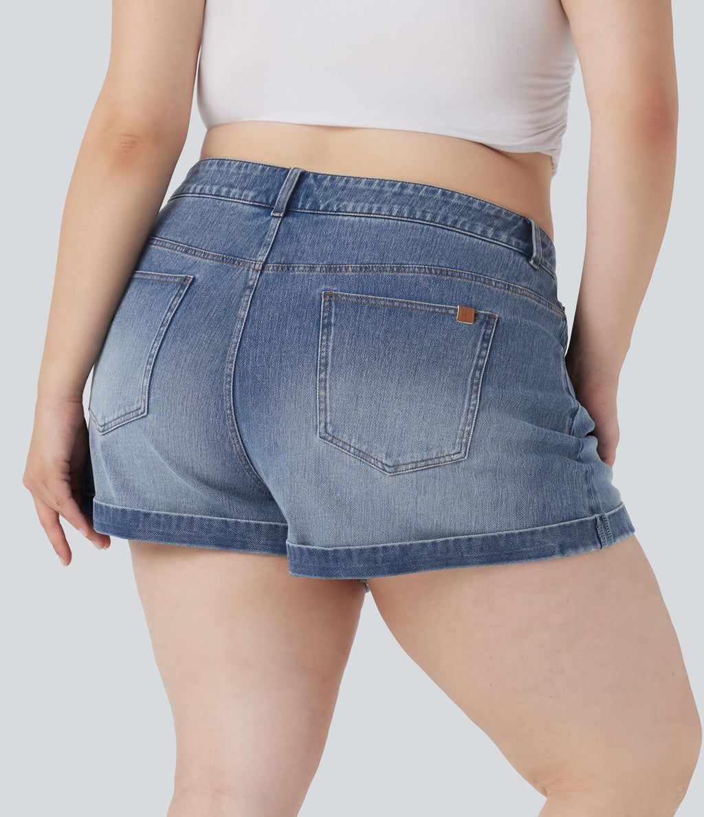 Short décontracté Halara Flex™ grande taille taille mi-haute bouton fermeture éclair en denim maille extensible multiples poches 7,5 cm