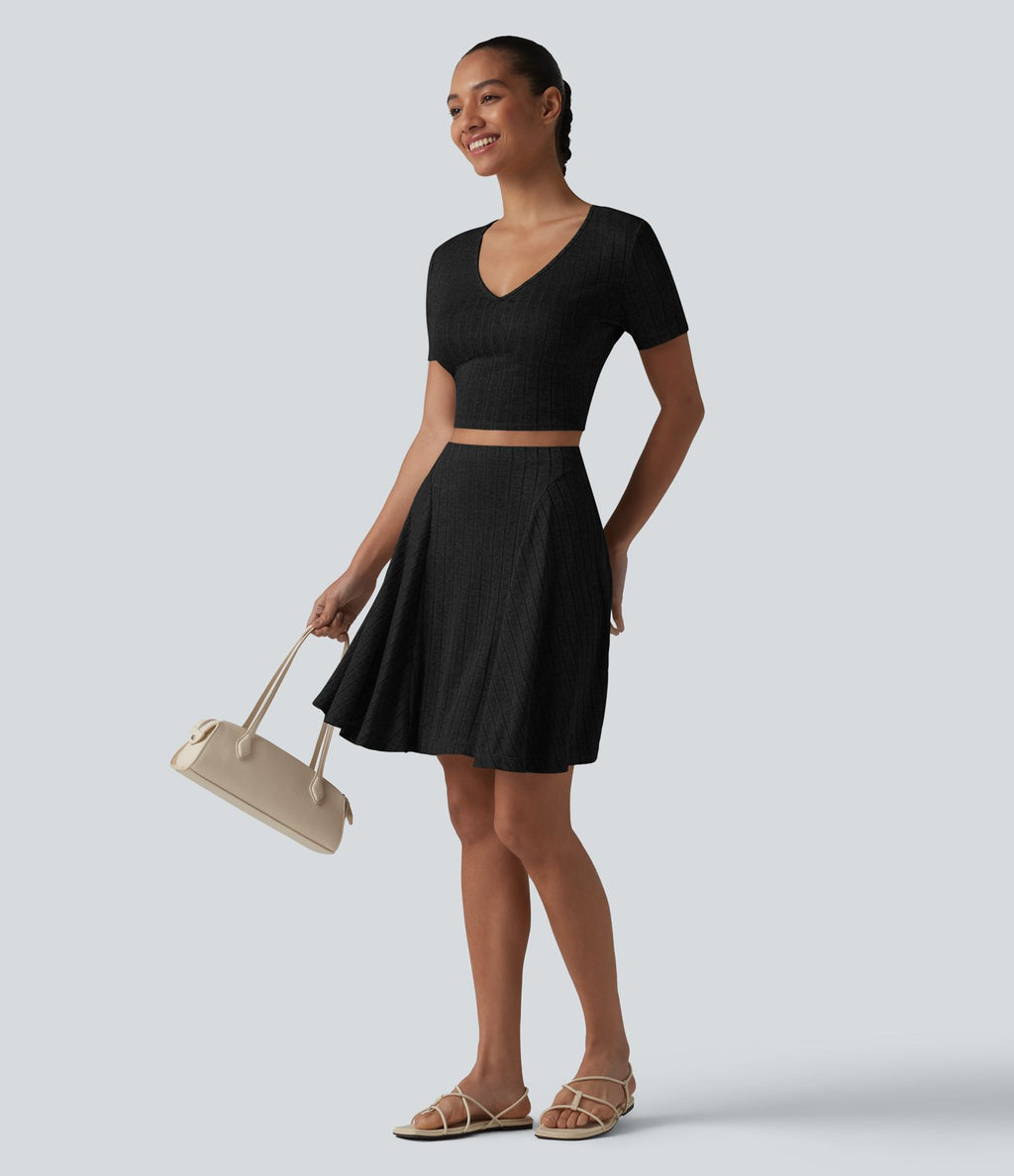 Jupe mini évasée casual 2 en 1 en maille côtelée taille haute avec poches