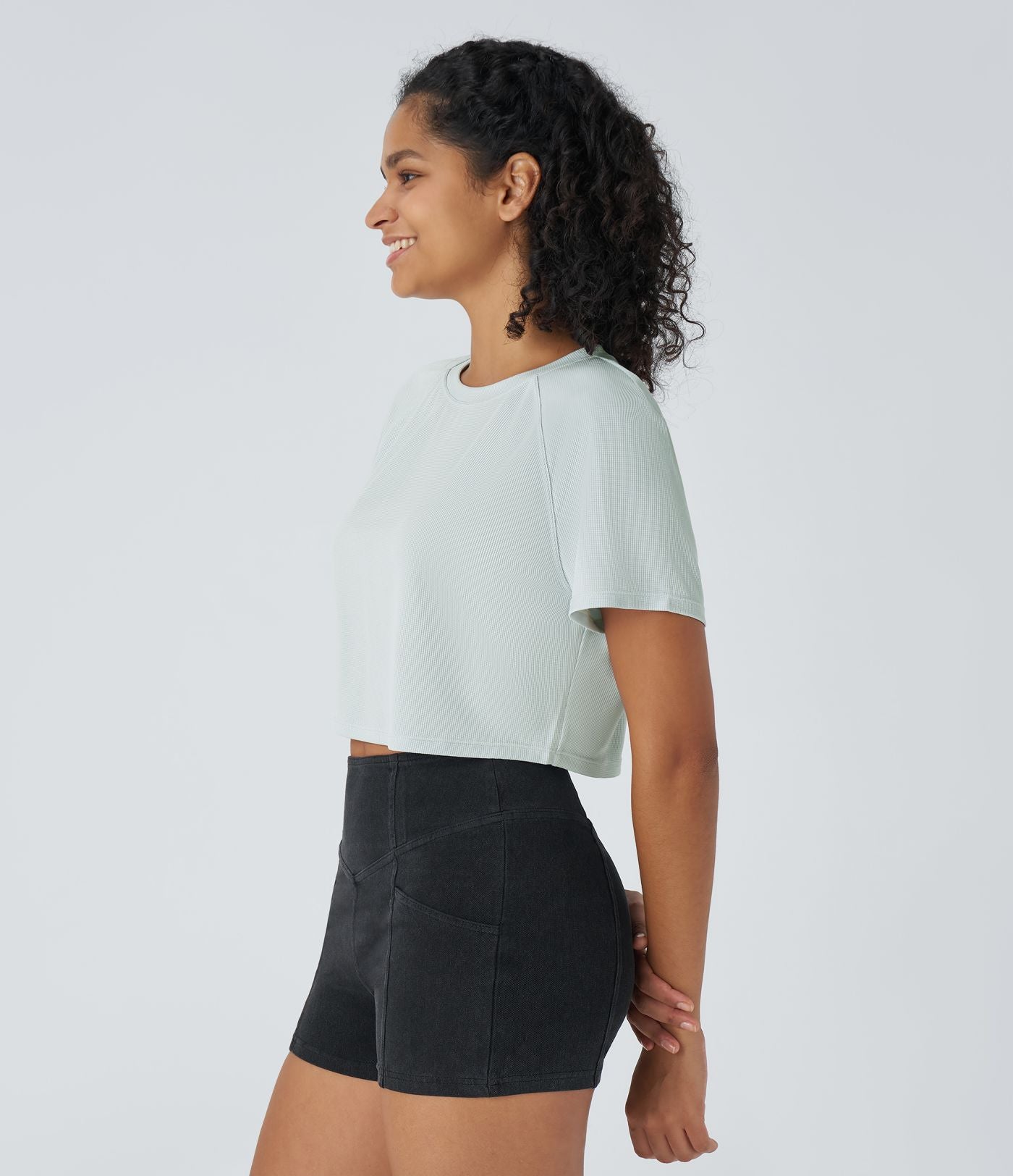 T-shirt Casual Court Tissu Gaufré Uni à Manches Raglan