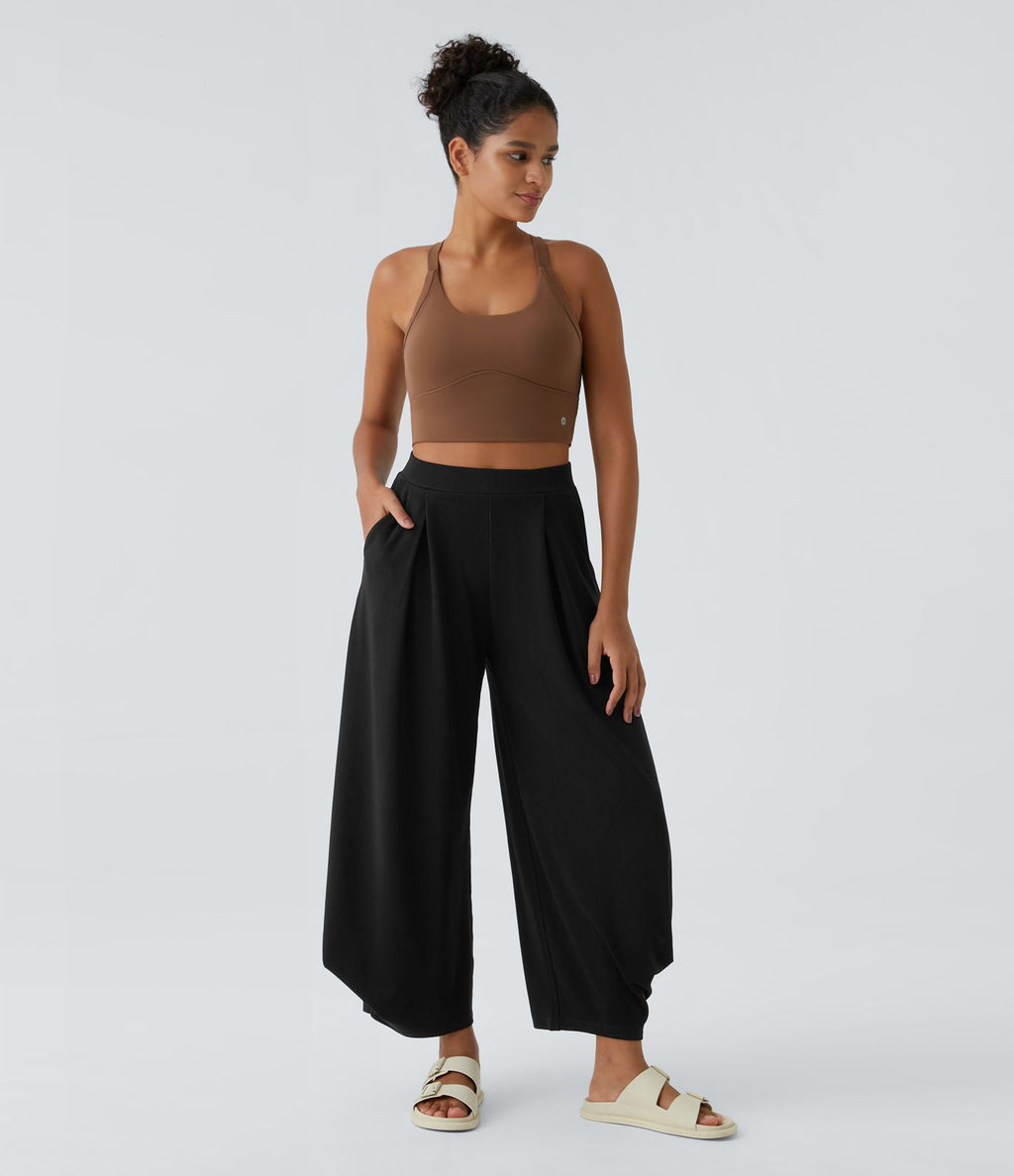 Pantalon décontracté harem uni côtelé, taille haute, avec poches